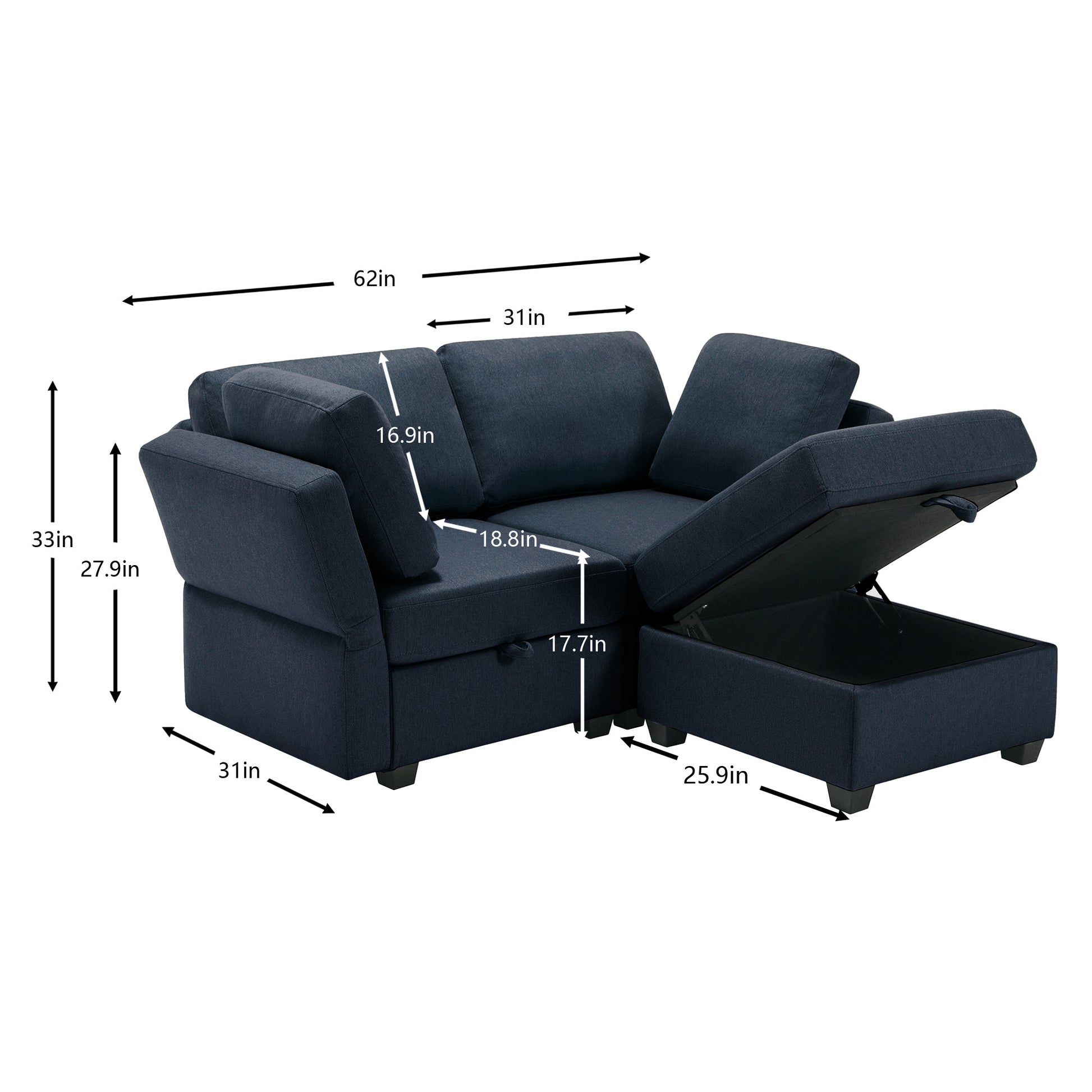 Space Saving Small Sectional Sofa With Ottoman, 2 Seater Sofa With 1 Ottoman, All Seats And Ottomans With Storage Function Blue Blue Polyester 2 Seat