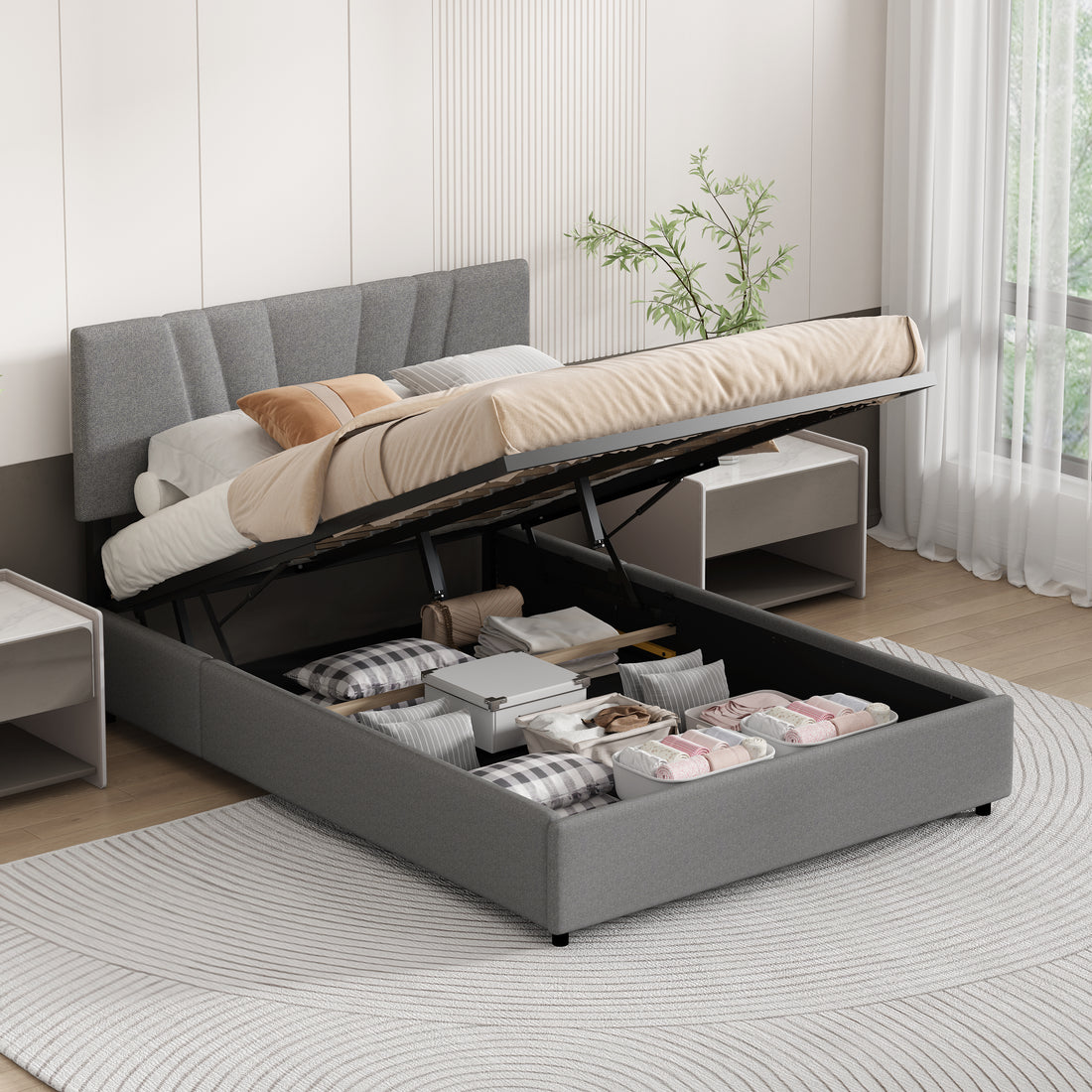Full Upholstered Platform Bed With Lifting Storage, Full Size Bed Frame With Storage And Tufted Headboard,Wooden Full Platform Bed For Kids Teens Adults,No Box Spring Needed Full, Gray Box Spring Not Required Full Grey Wood Bedroom American Design Bed