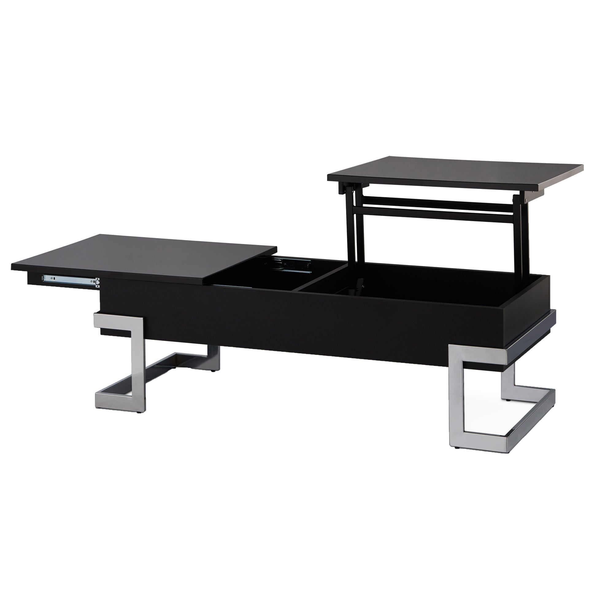 Black High Gloss And Chrome Coffee Table With Lift Top Black Silver Primary Living Space Modern Rectangular Wood Metal Sled