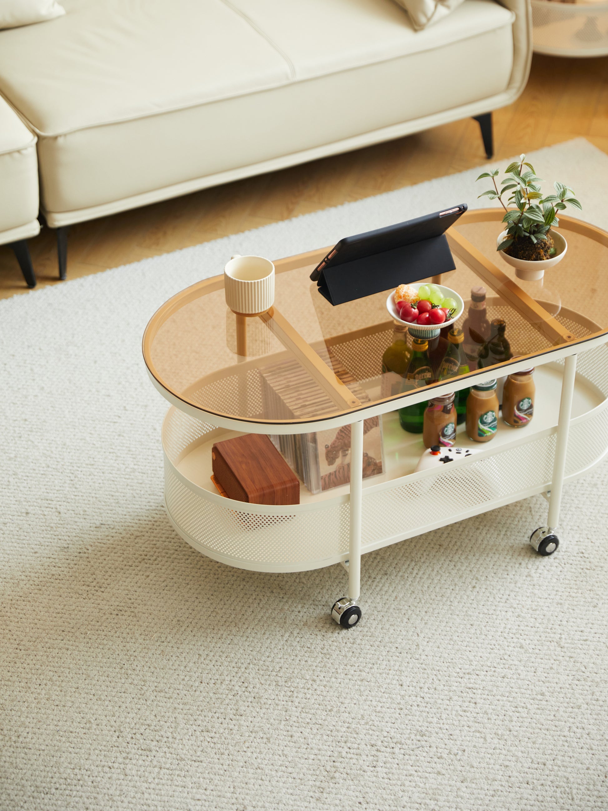 Movable Oval Metal Glass Coffee Table With Storage White Glass Metal