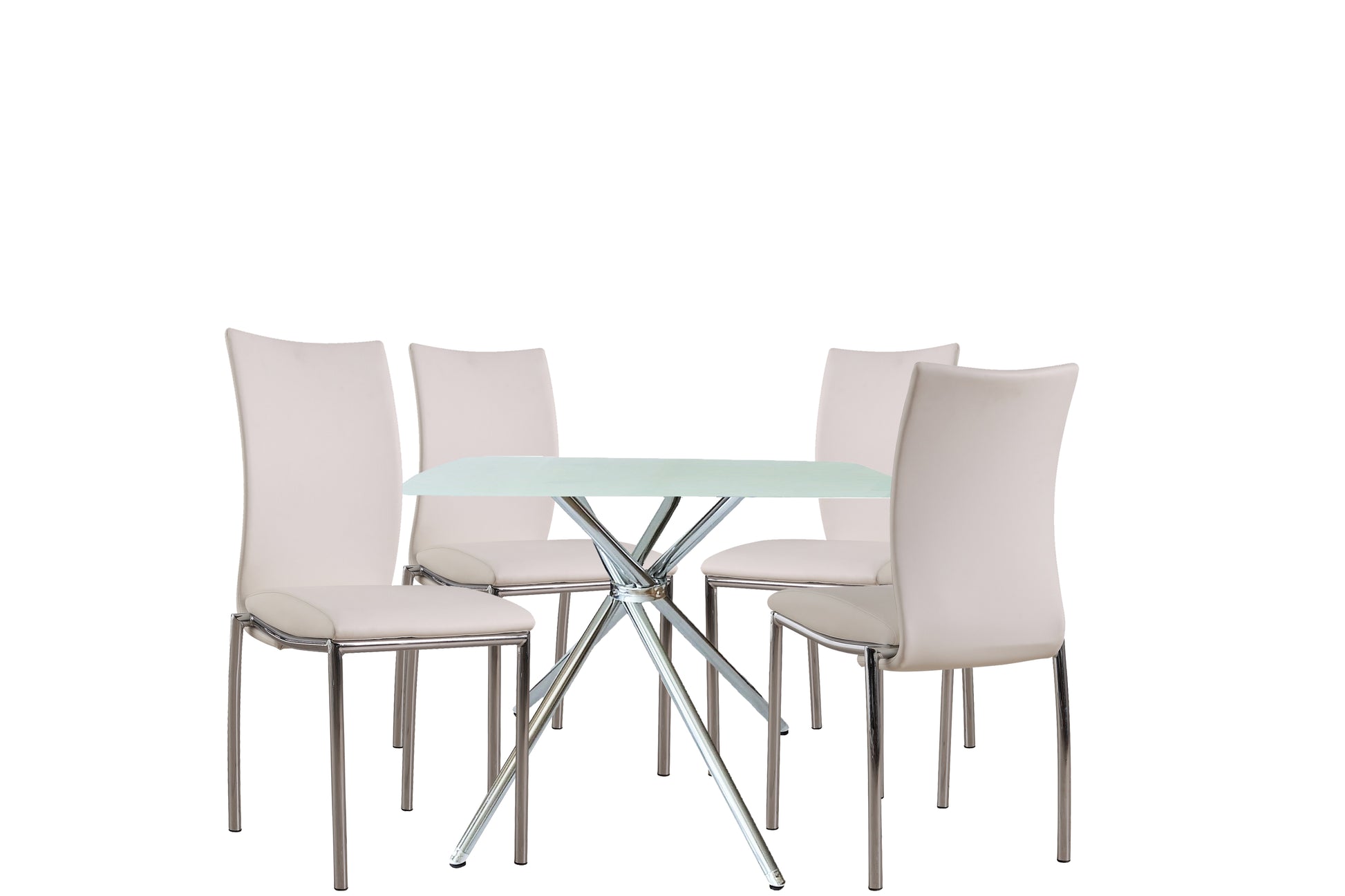 5 Pieces 36" Inch Contemporary Elegance Squared Dining Set In White Metal Dining Room Fixed Table Square Dining Table With Chair Upholstered Chair Glass White Pu Solid Back Seats 4 Contemporary,Modern,Transitional Square 4 Leg Foam Glass Metal