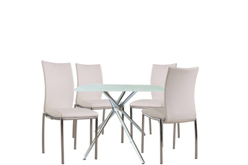 5 Pieces 36" Inch Contemporary Elegance Squared Dining Set In White Metal Dining Room Fixed Table Square Dining Table With Chair Upholstered Chair Glass White Pu Solid Back Seats 4 Contemporary,Modern,Transitional Square 4 Leg Foam Glass Metal