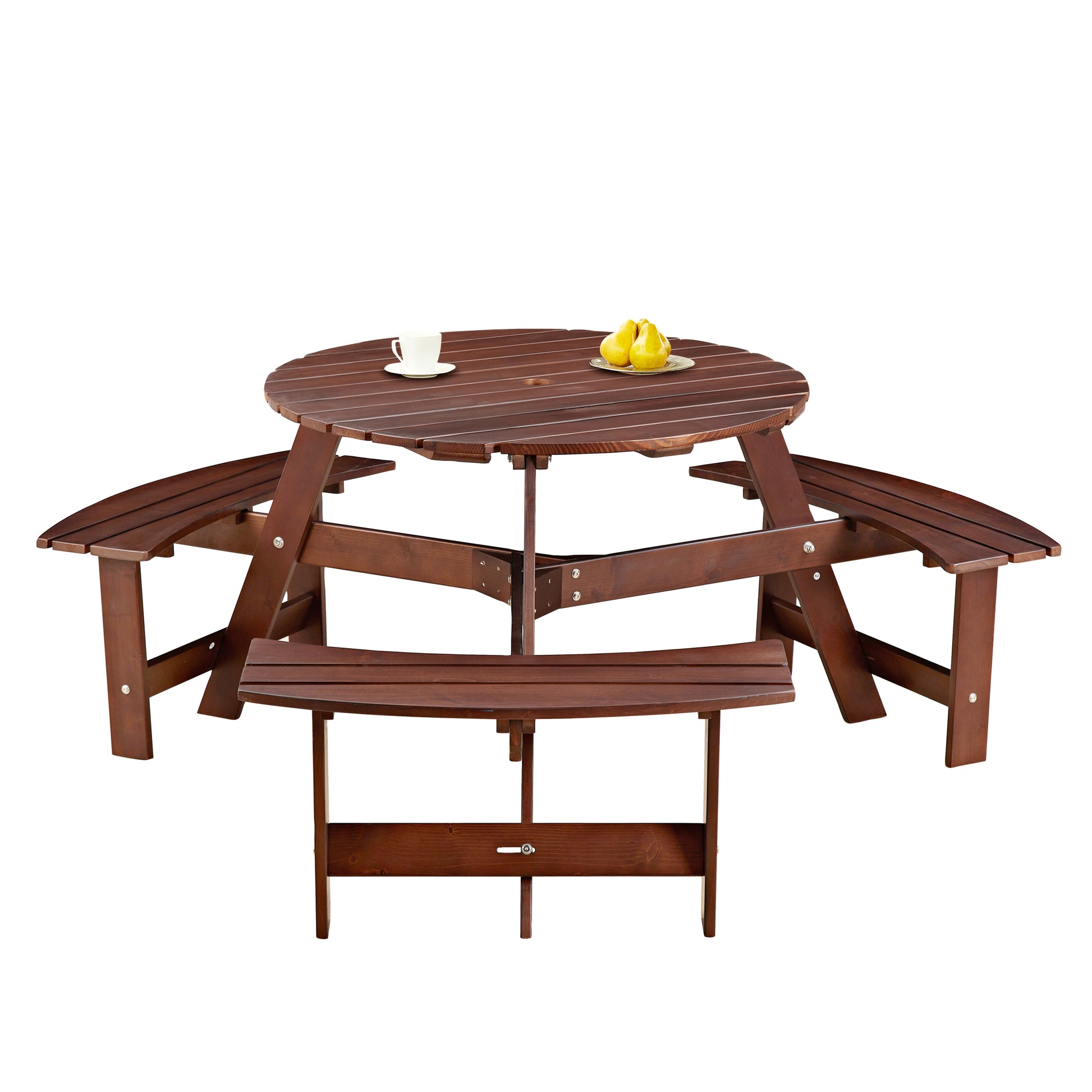 Outdoor 6 Person Picnic Table, 6 Person Round Picnic Table With 3 Built In Benches, Umbrella Hole, Outside Table And Bench Set For Garden, Backyard, Porch, Patio, Brown Brown Wood Metal