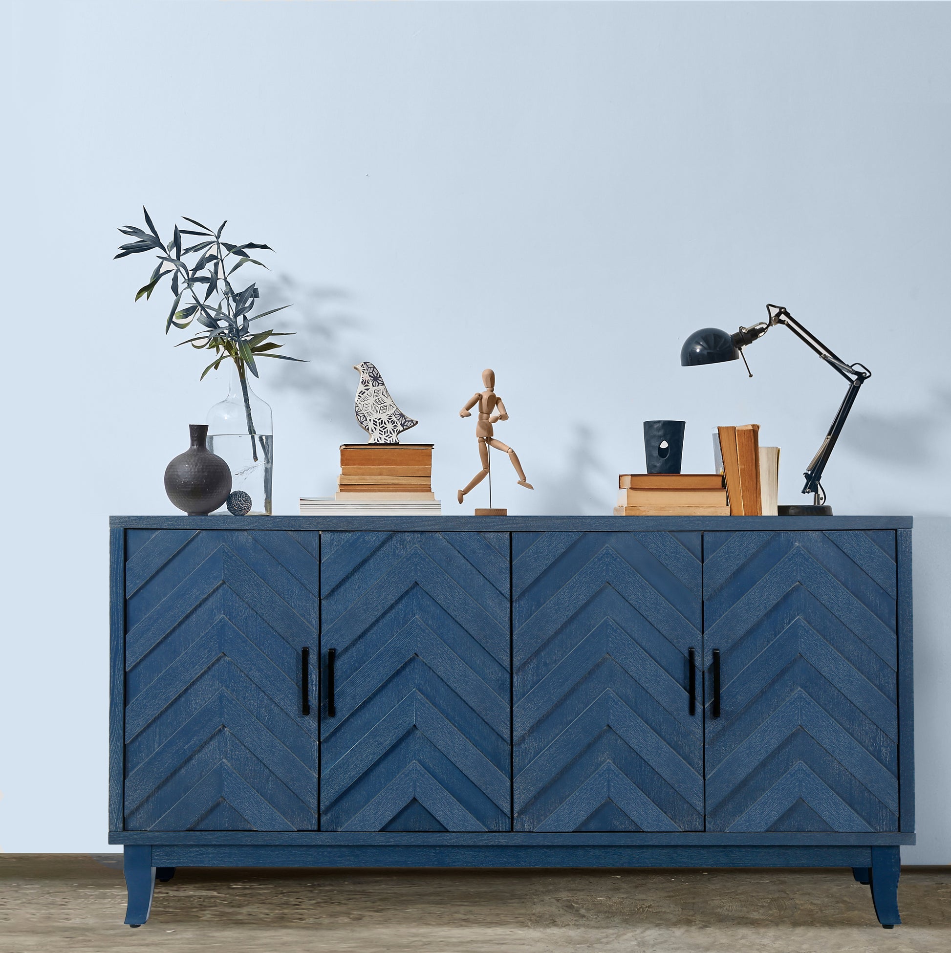 Stronger Vintage Style Buffet Cabinet, Lacquered Accent Storage 4 Door Wooden Antique Navy Blue Mdf Solid Wood Mdf