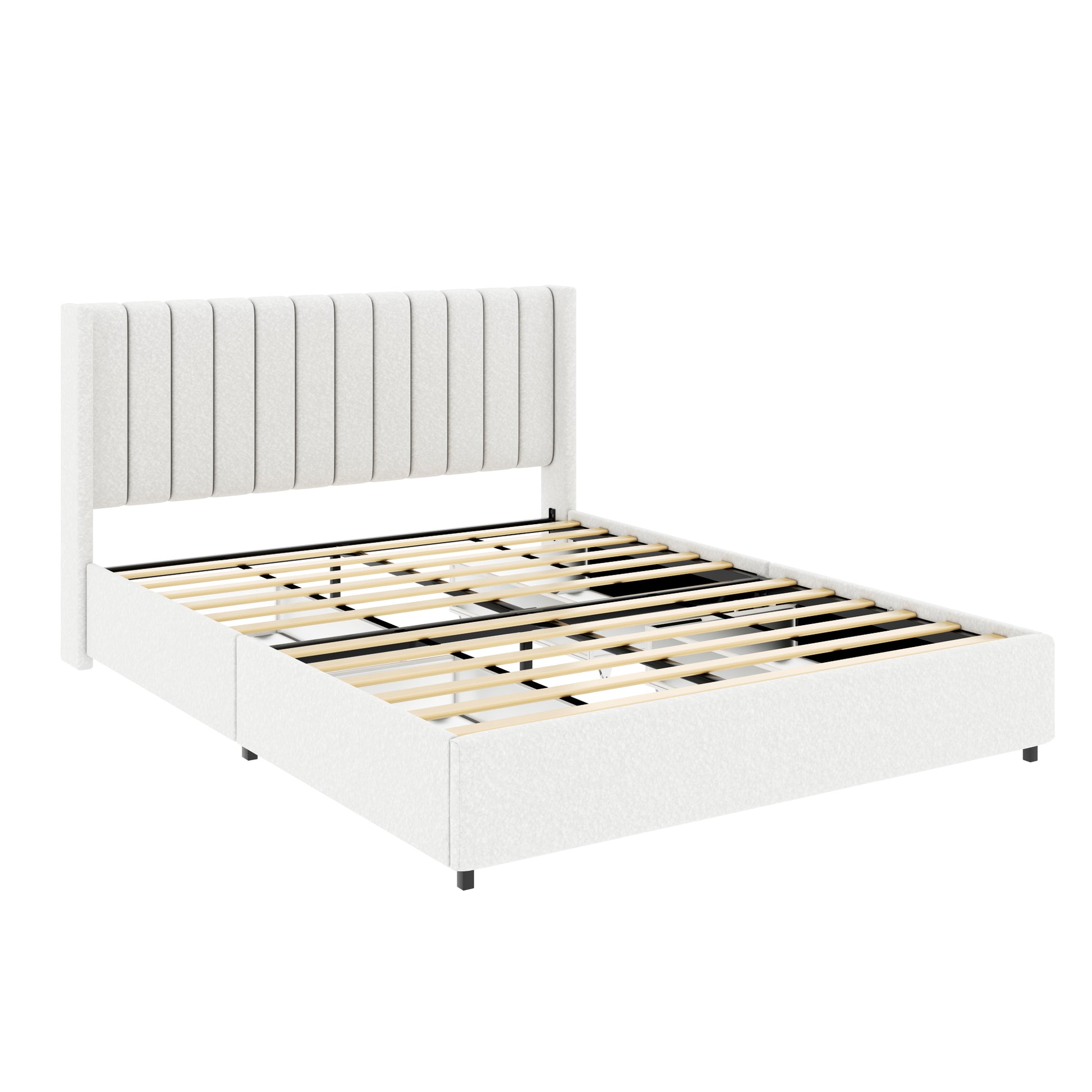 Same As B083119691 Anda Queen Size Ivory Boucle Upholstered Platform Bed With Patented 4 Drawers Storage, Tufted Headboard, Wooden Slat Mattress Support, No Box Spring Needed Box Spring Not Required Queen Ivory Bedroom