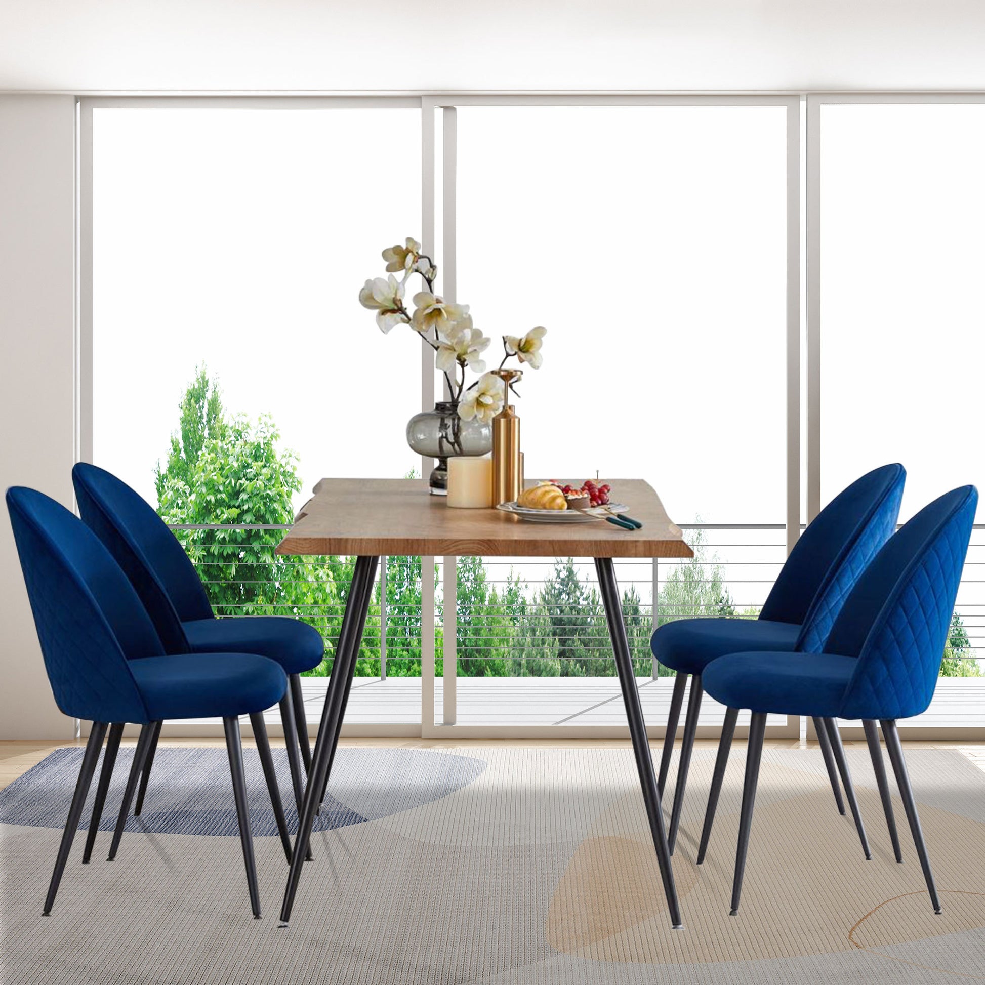 Blue Velvet Dining Chairs With Black Metal Legs,