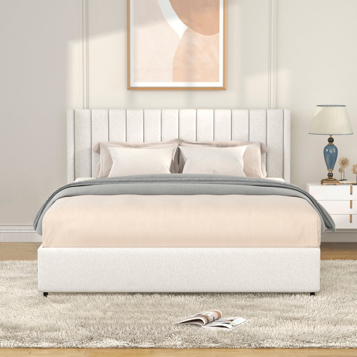 Same As B083119691 Anda Queen Size Ivory Boucle Upholstered Platform Bed With Patented 4 Drawers Storage, Tufted Headboard, Wooden Slat Mattress Support, No Box Spring Needed Box Spring Not Required Queen Ivory Bedroom