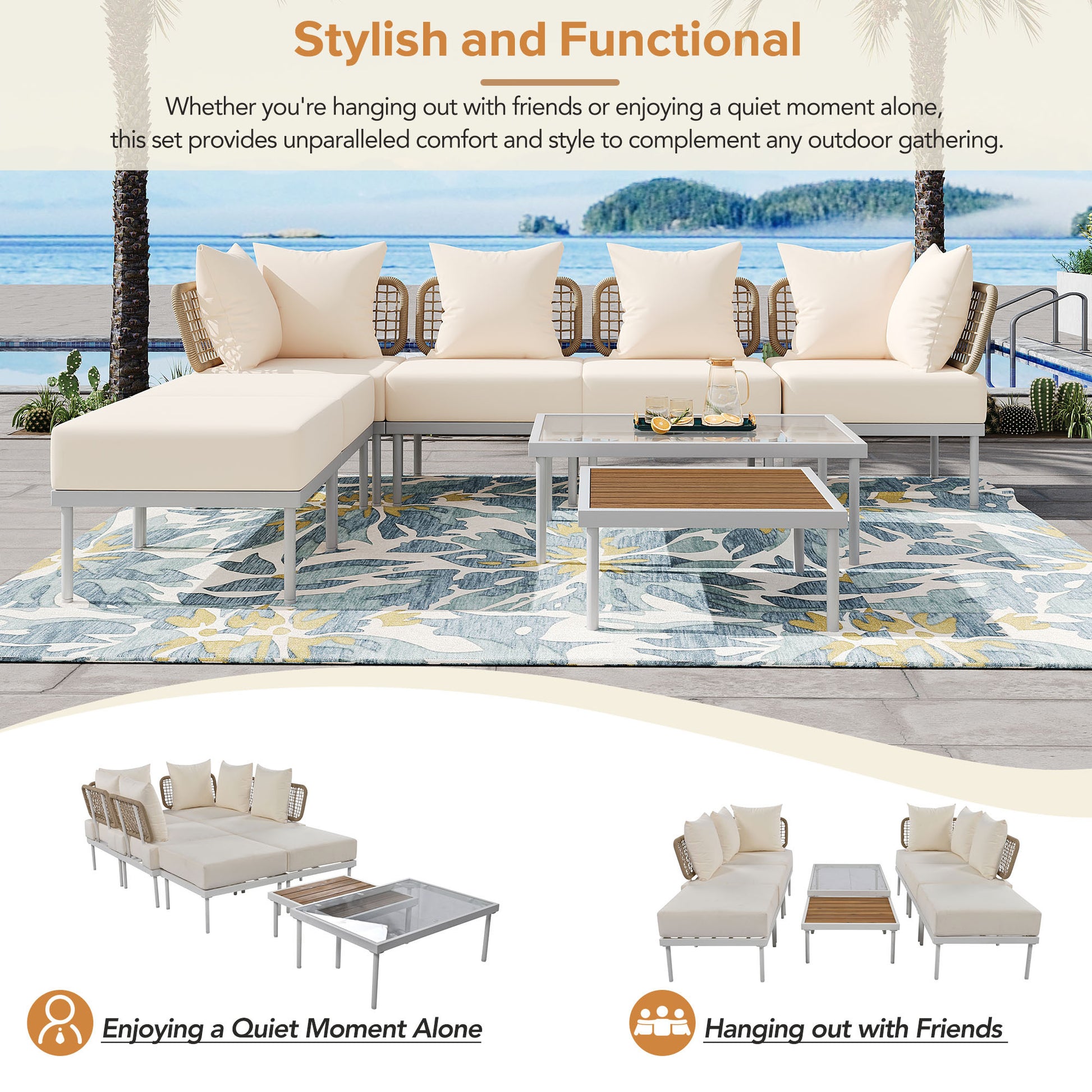8 Piece Patio Sectional Sofa Set With Tempered Glass Coffee Table And Wooden Coffee Table For Outdoor Oasis, Garden, Patio And Poolside Beige Cushion White Steel Beige Iron