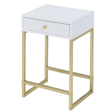 White And Brass 1 Drawer Side Table White Gold White Primary Living Space Contemporary Drawers Rectangular Wood Metal H Shape