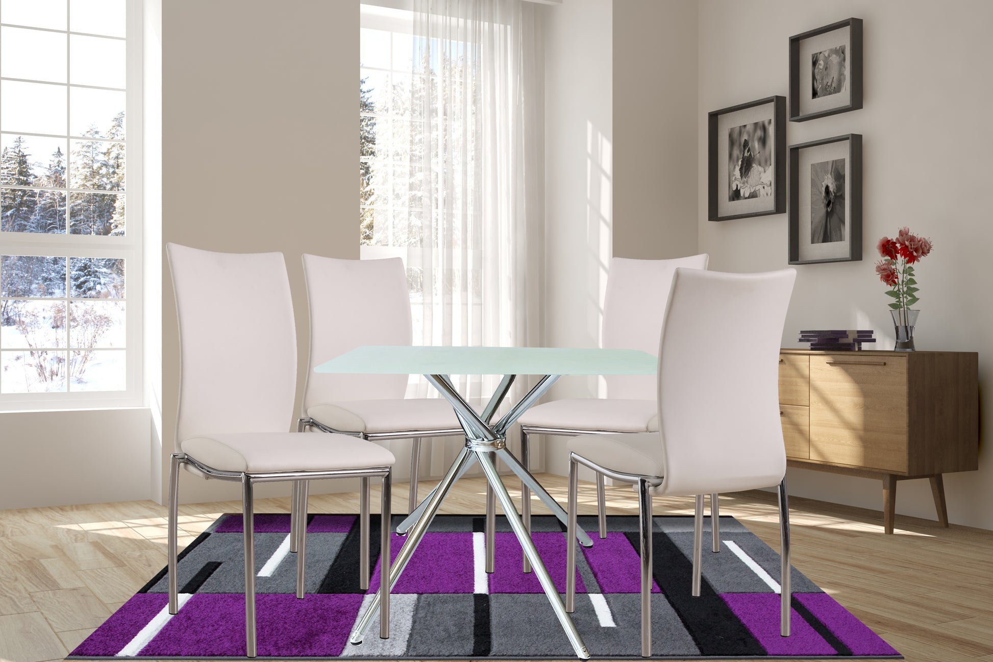5 Pieces 36" Inch Contemporary Elegance Squared Dining Set In White Metal Dining Room Fixed Table Square Dining Table With Chair Upholstered Chair Glass White Pu Solid Back Seats 4 Contemporary,Modern,Transitional Square 4 Leg Foam Glass Metal