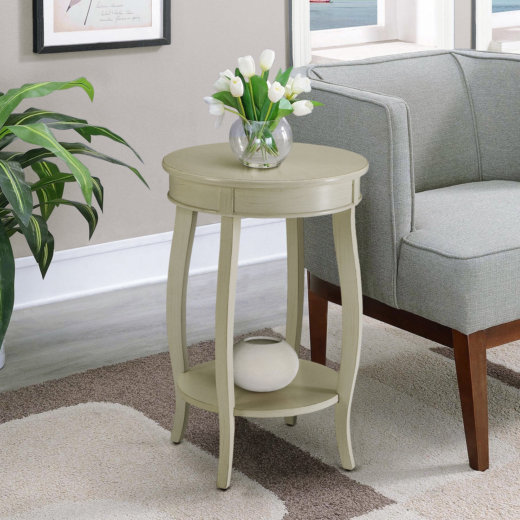 Antique White Round Side Table With Bottom Shelf Antique White Primary Living Space Contemporary Shelves Round Wood