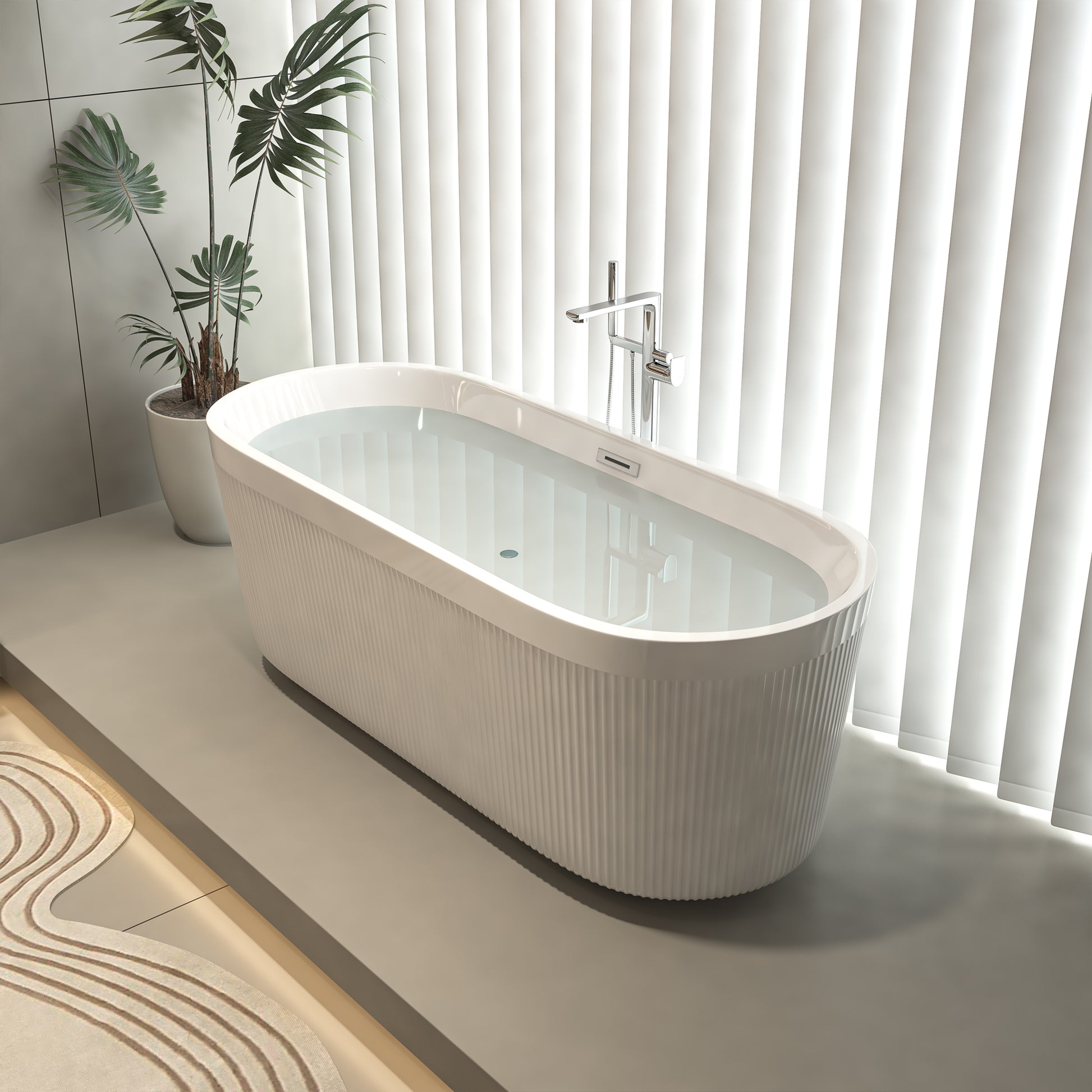 67" Acrylic Freestanding Bathtub With Unique Pleated Design: Spacious Oval Shape, Gloss White Finish, Brushed Nickel Overflow & Pop Up Drain Gloss White Oval Bathroom Freestanding Tubs Polished 59 61 In Contemporary Soaking Center Acrylic Acrylic