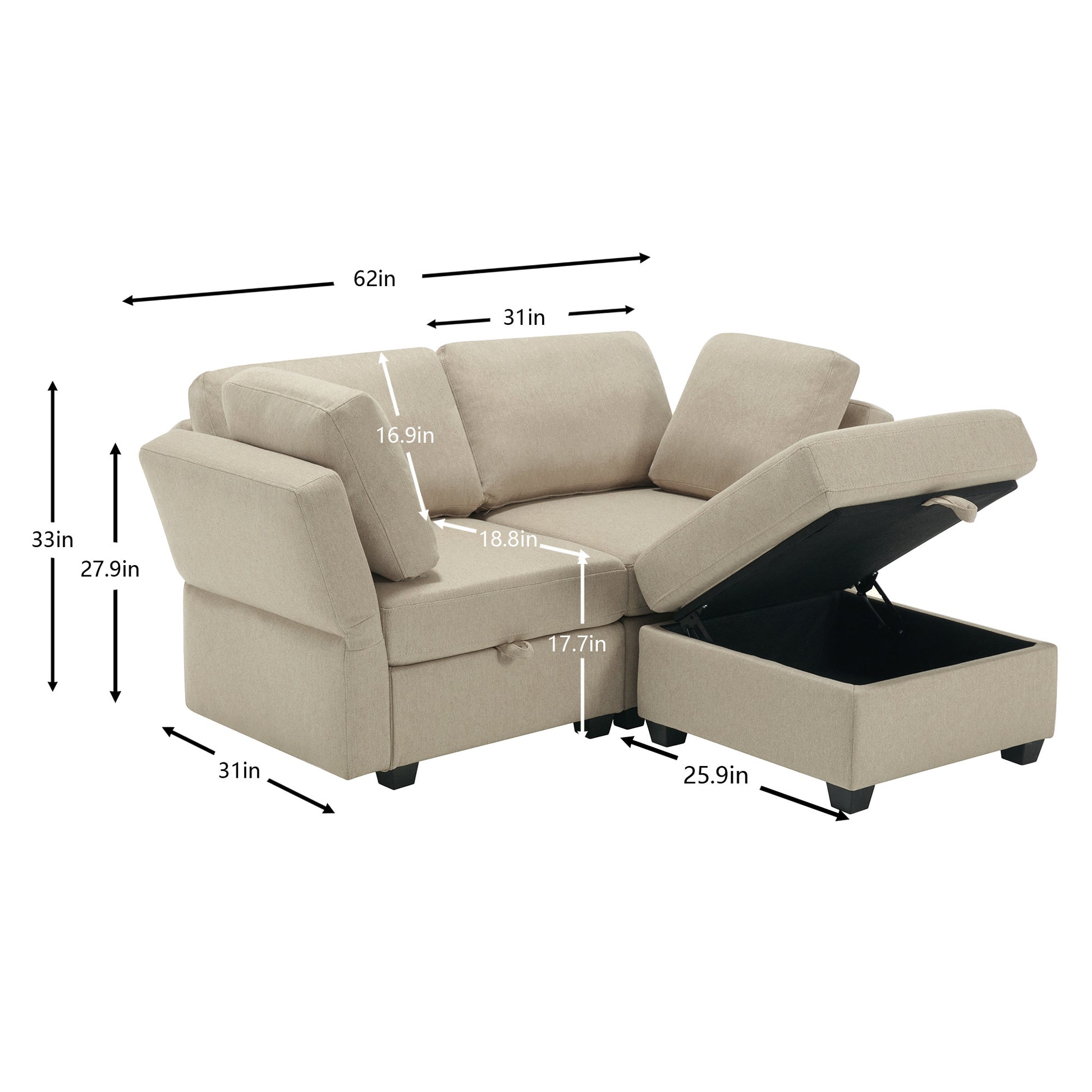 Space Saving Small Sectional Sofa With Ottoman, 2 Seater Sofa With 1 Ottoman, All Seats And Ottomans With Storage Function Beige Beige Fabric 2 Seat