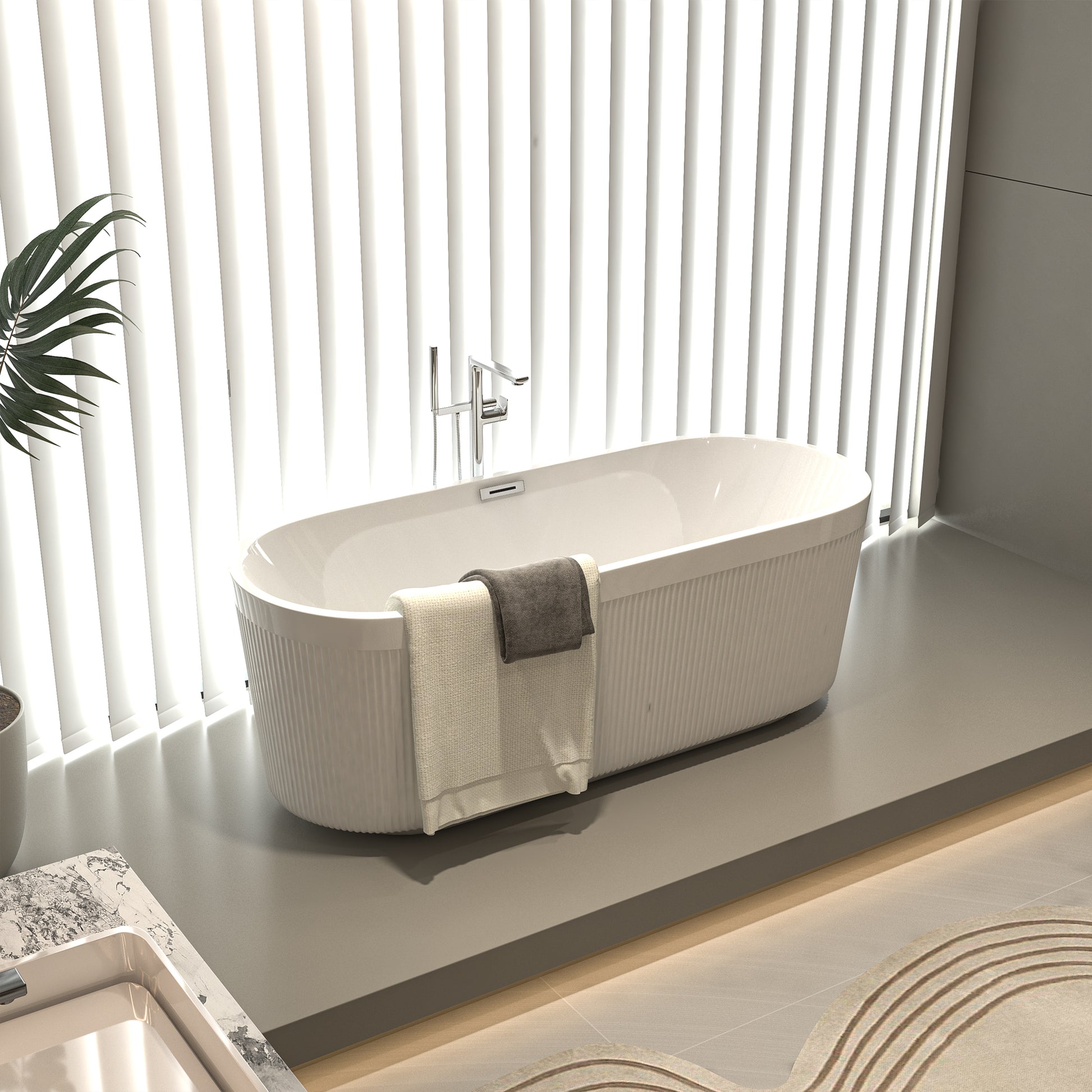 67" Acrylic Freestanding Bathtub With Unique Pleated Design: Spacious Oval Shape, Gloss White Finish, Brushed Nickel Overflow & Pop Up Drain Gloss White Oval Bathroom Freestanding Tubs Polished 59 61 In Contemporary Soaking Center Acrylic Acrylic