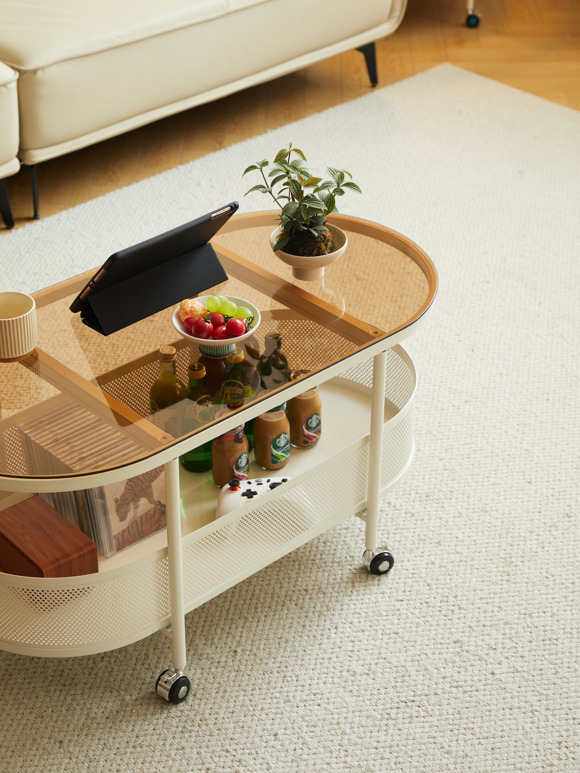 Movable Oval Metal Glass Coffee Table With Storage White Glass Metal