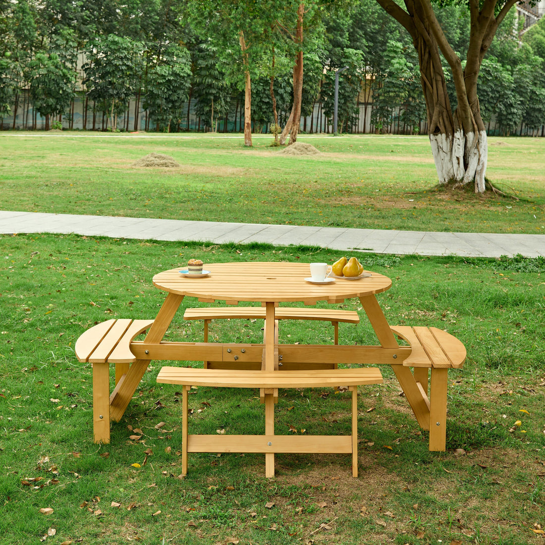 Outdoor 8 Person Picnic Table, 8 Person Round Picnic Table With 4 Built In Benches, Umbrella Hole, Outside Table And Bench Set For Garden, Backyard, Porch, Patio, Natural Natural Wood Metal