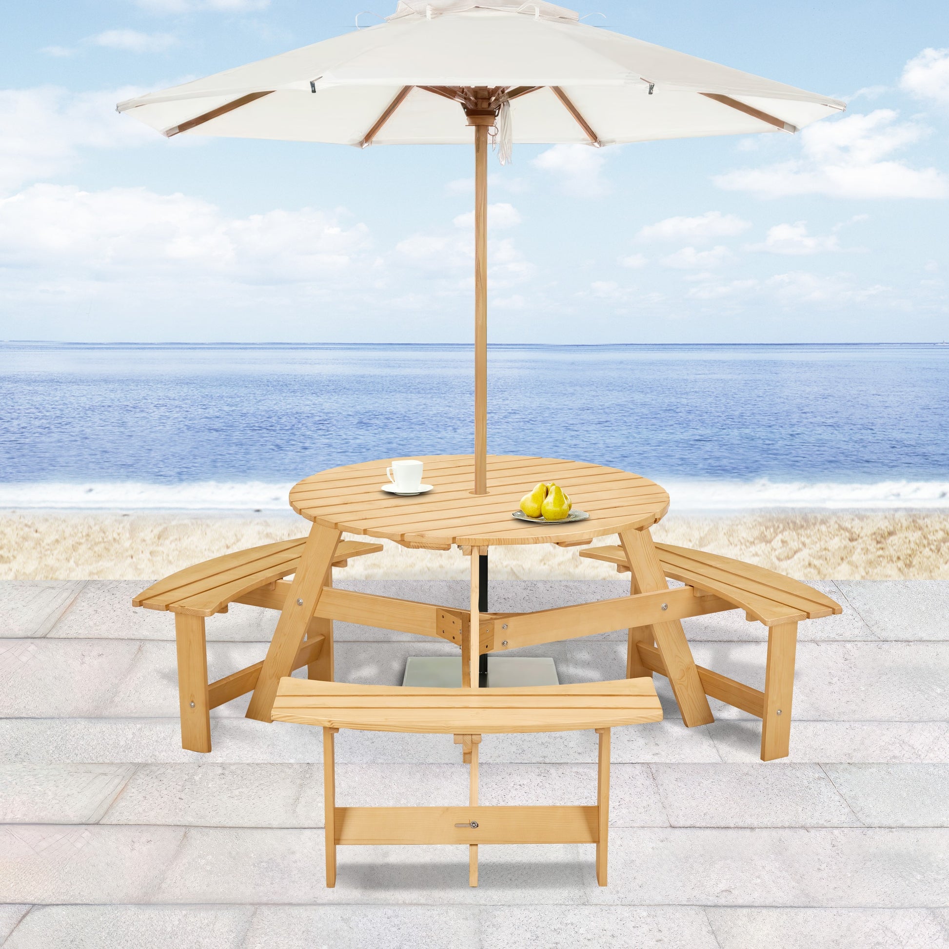 Outdoor 6 Person Picnic Table, 6 Person Round Picnic Table With 3 Built In Benches, Umbrella Hole, Outside Table And Bench Set For Garden, Backyard, Porch, Patio, Natural Natural Wood Metal