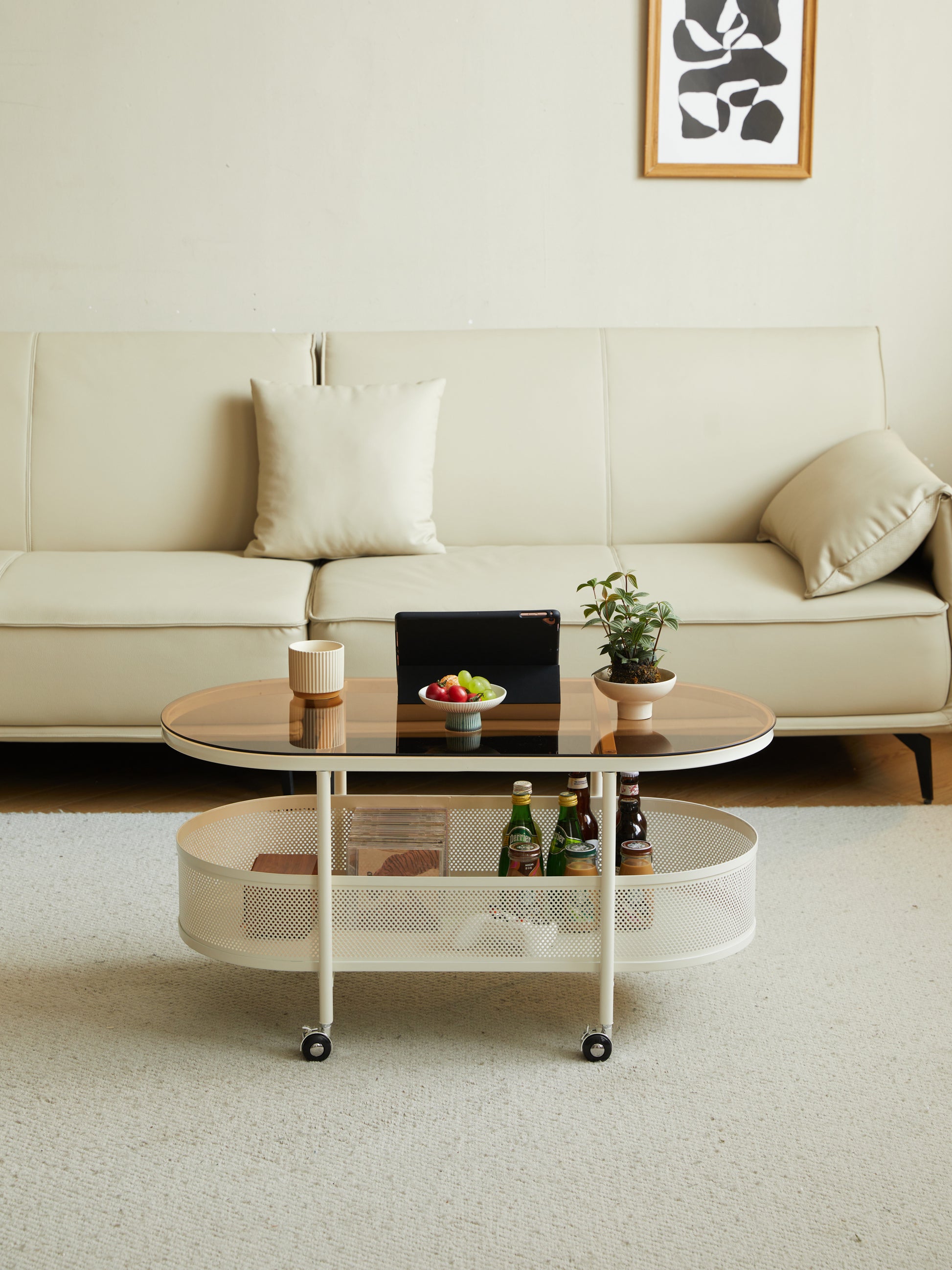 Movable Oval Metal Glass Coffee Table With Storage White Glass Metal