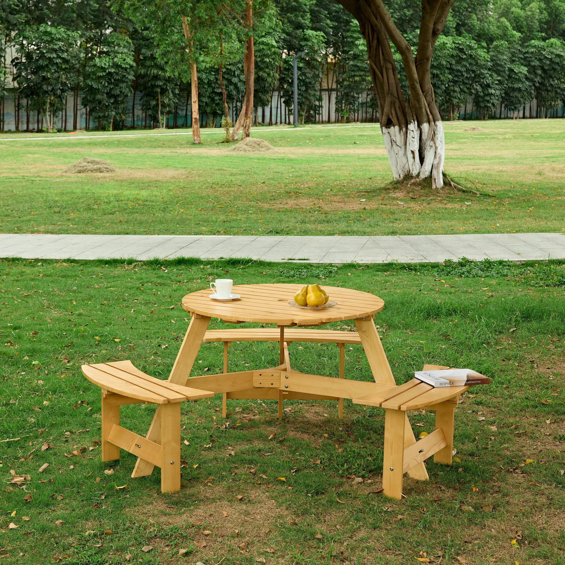 Outdoor 6 Person Picnic Table, 6 Person Round Picnic Table With 3 Built In Benches, Umbrella Hole, Outside Table And Bench Set For Garden, Backyard, Porch, Patio, Natural Natural Wood Metal