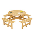 Outdoor 8 Person Picnic Table, 8 Person Round Picnic Table With 4 Built In Benches, Umbrella Hole, Outside Table And Bench Set For Garden, Backyard, Porch, Patio, Natural Natural Wood Metal