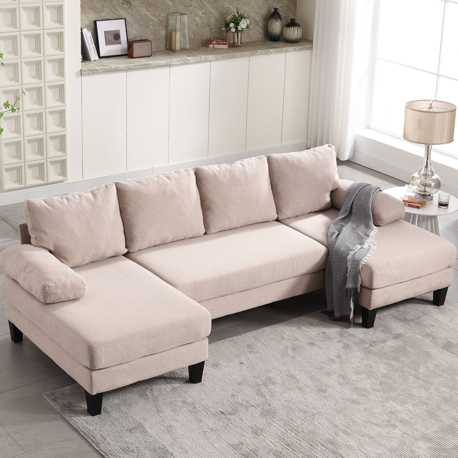 U Shaped Couch With Oversized Seat,6 Seat Sofa Bed With Double Chaise,Comfortable And Spacious Indoor Furniture For Living Room,Apartment Khaki Polyester Primary Living Space Polyester 6 Seat