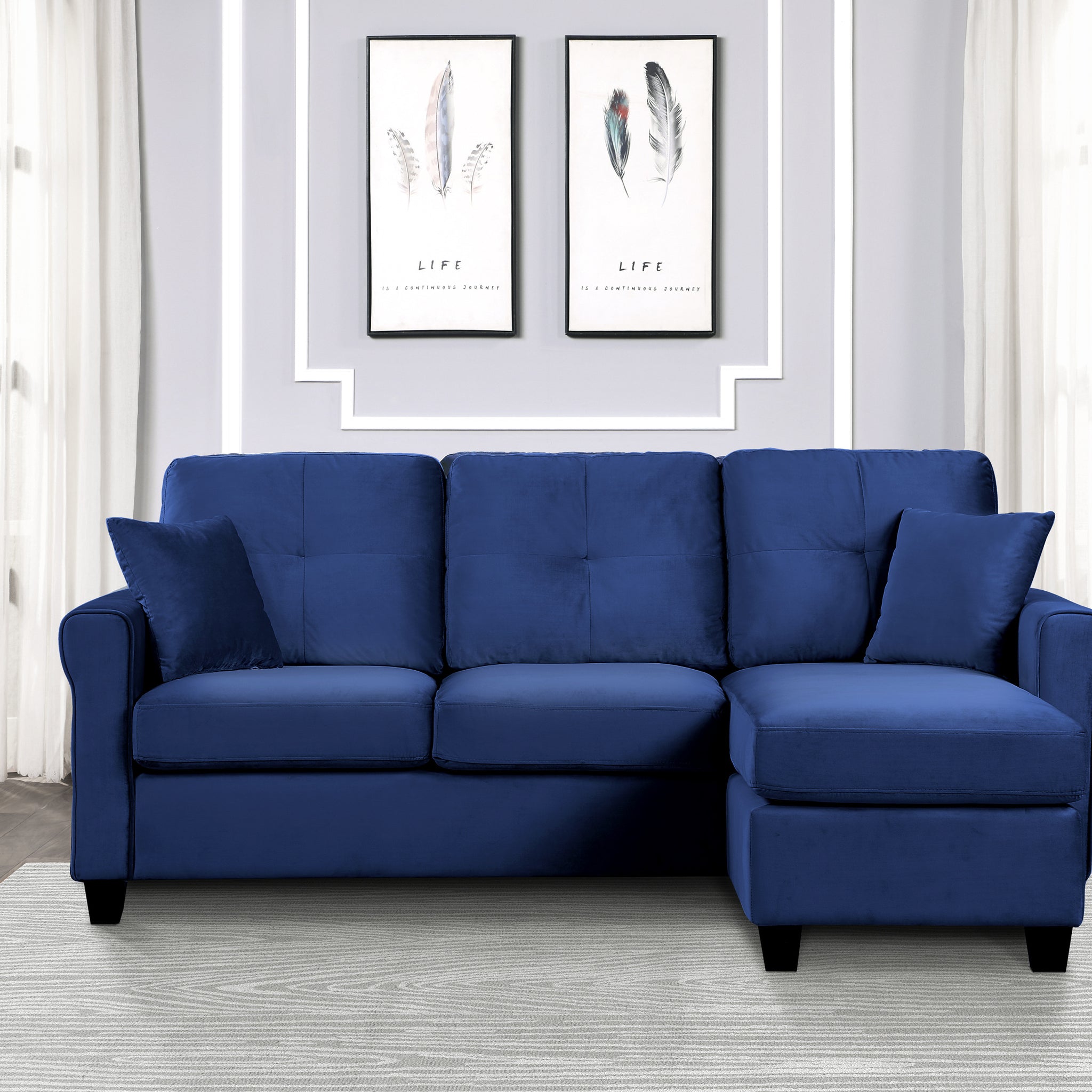 Modern Living Room Sectional Sofa Reversible Chaise With 2 Pillows Blue Velvet Upholstered Tufted Back Solid Wood Frame Furniture L Shape Sofa Navy Velvet Wood Primary Living Space Contemporary,Modern L Shaped Solid Wood 3 Seat