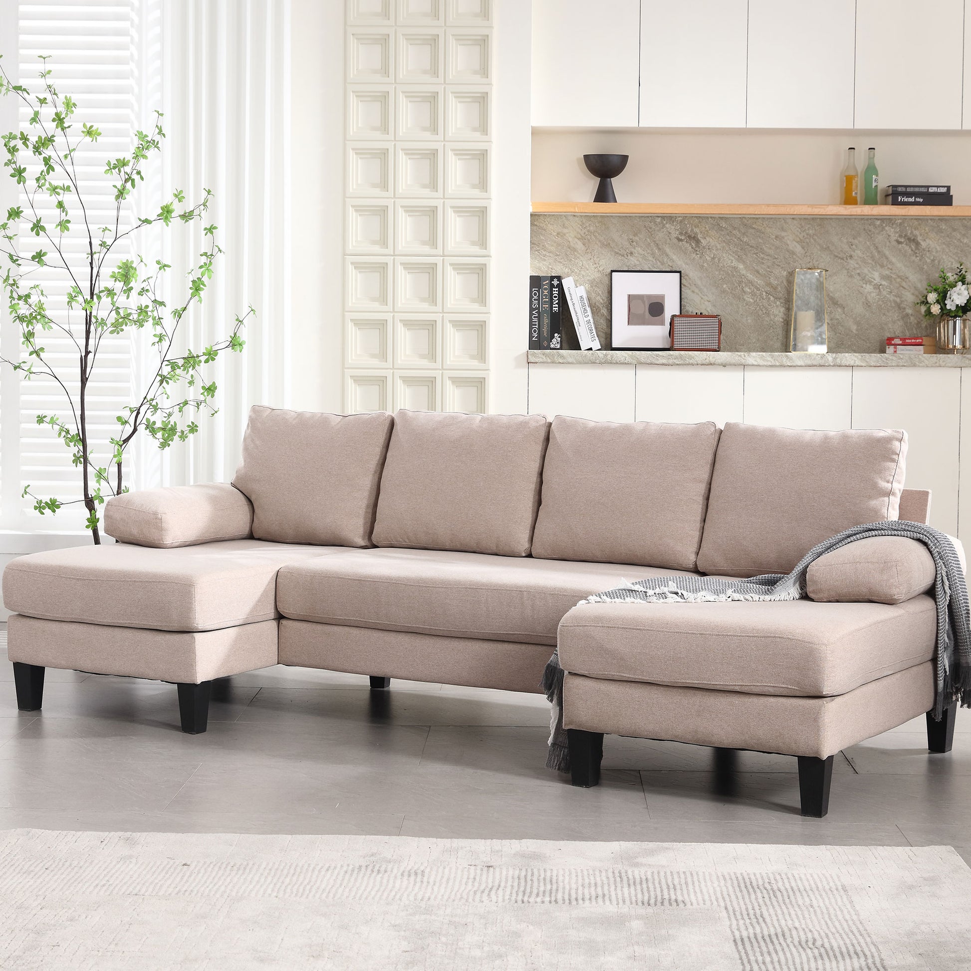 U Shaped Couch With Oversized Seat,6 Seat Sofa Bed With Double Chaise,Comfortable And Spacious Indoor Furniture For Living Room,Apartment Khaki Polyester Primary Living Space Polyester 6 Seat