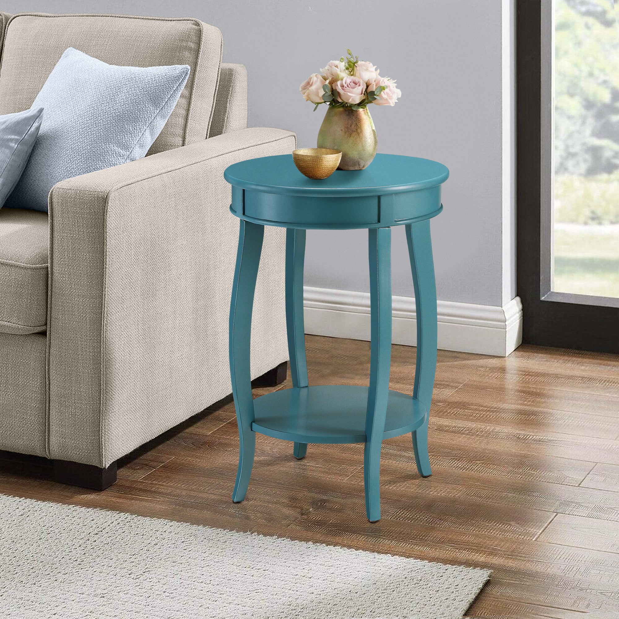 Teal Round Side Table With Bottom Shelf Teal Primary Living Space Contemporary Shelves Round Wood