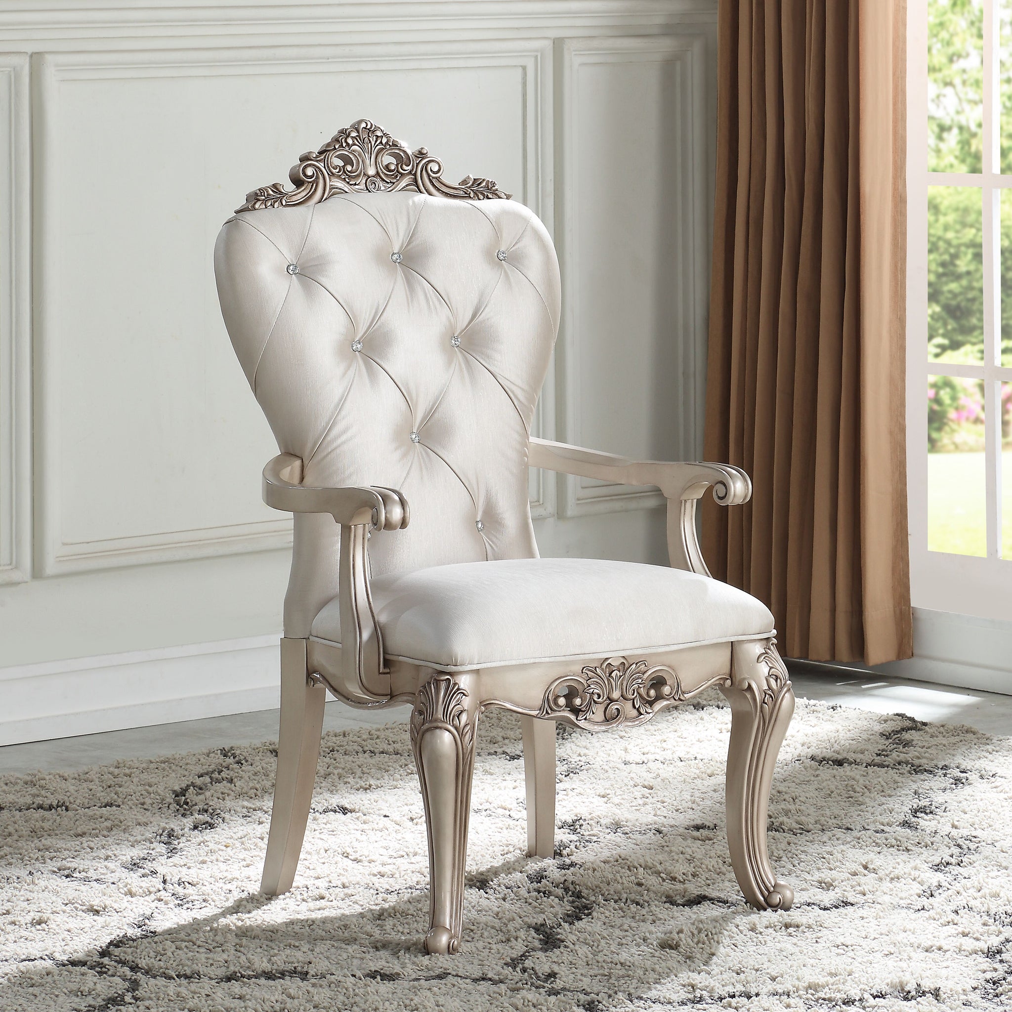 Cream And Golden Ivory Tufted Arm Chairs Set Of 2 Solid Cream Dining Room Foam Rectangular Glam Arm Chair Rubberwood Tufted Back Wood Fabric