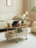 Movable Oval Metal Glass Coffee Table With Storage White Glass Metal