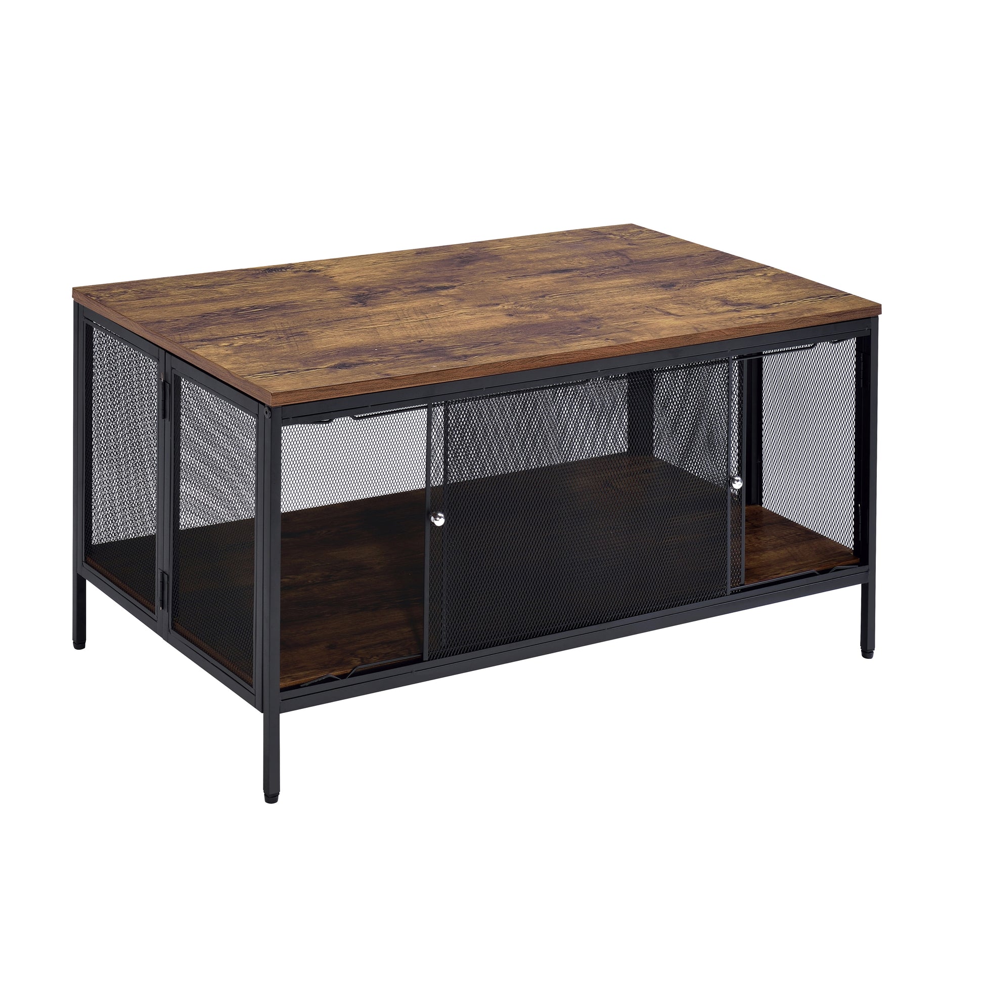 Antique Oak And Black Coffee Table With 4 Sliding Doors Black Brown Primary Living Space Rustic Shelves Rectangular Wood