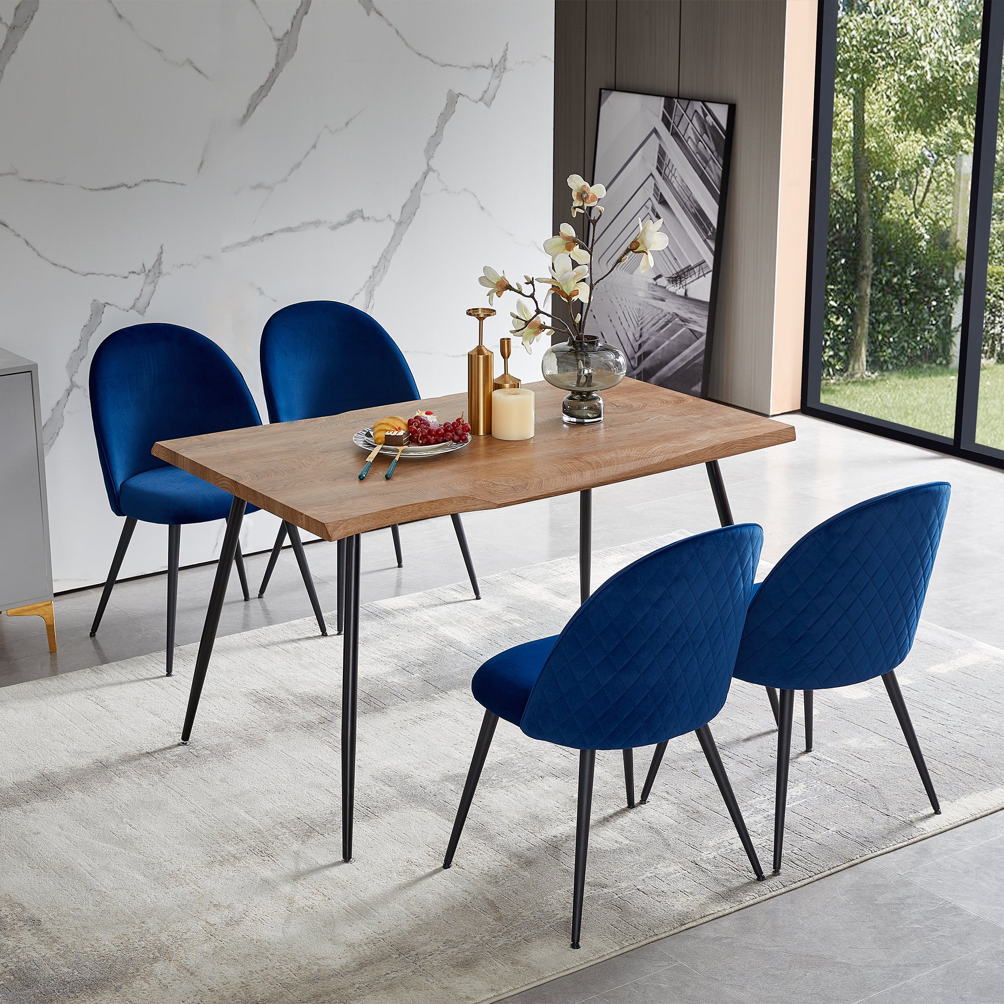 Blue Velvet Dining Chairs With Black Metal Legs,