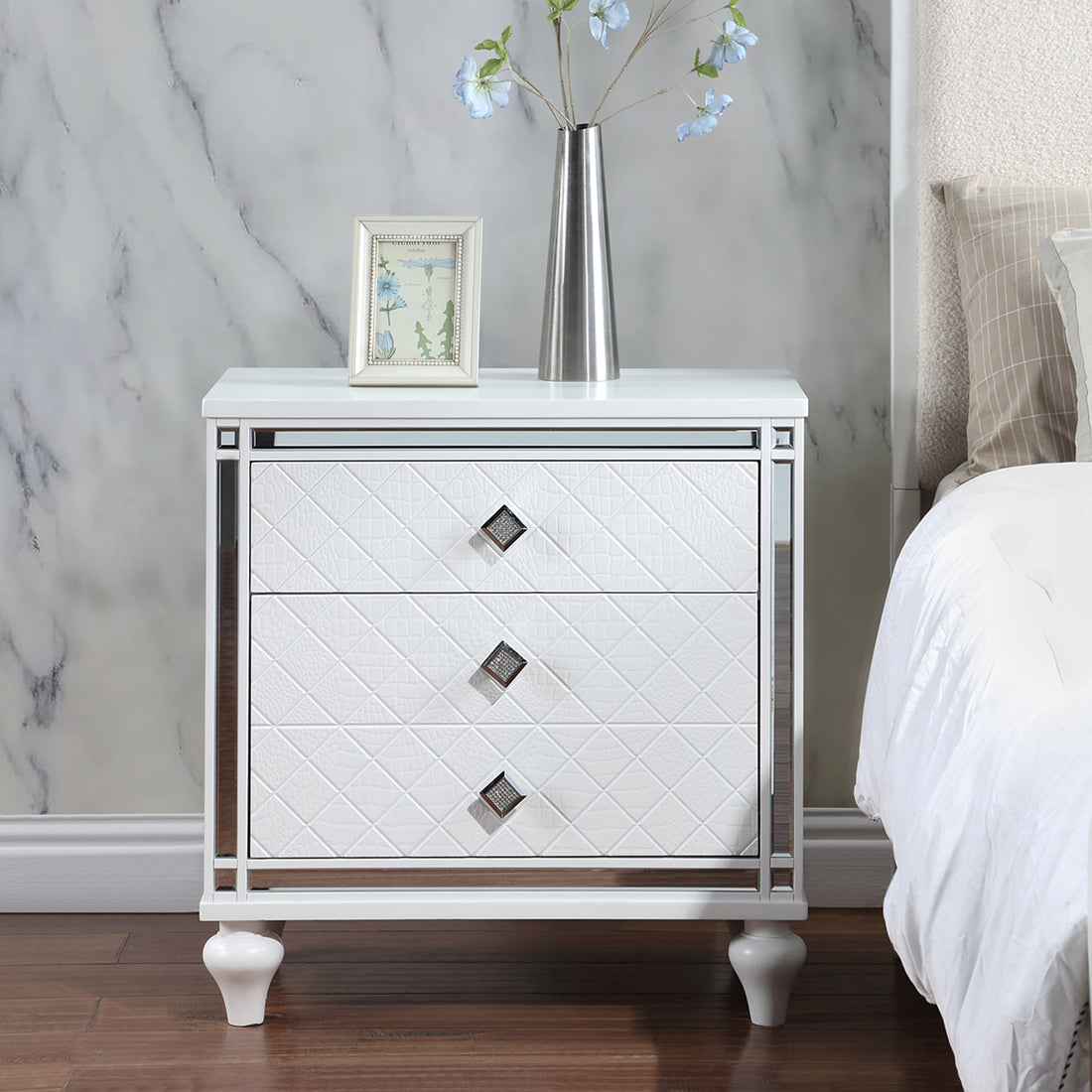 Contemporary Nightstands With Mirror Frame Accents, Bedside Table With Two Drawers And One Hidden Drawer, End Table With Crystal Pull For Living Room,Bedroom, White White 3 Drawers Solid Wood Mdf