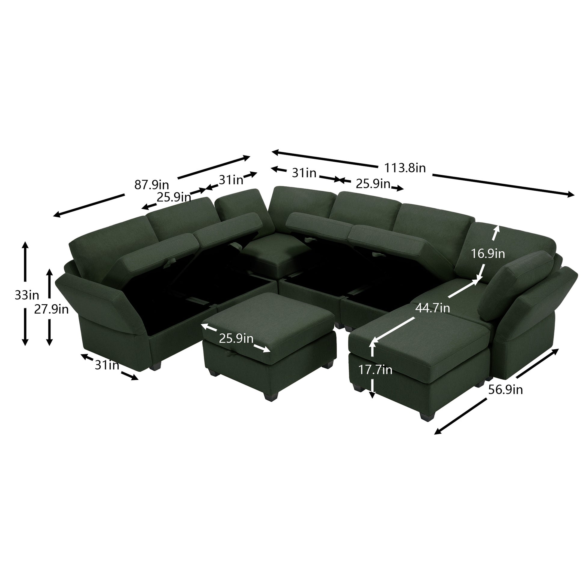 Modular Sectional Sofa With Storage Seat Oversized U Shaped Couch With Reversible Chaise Sofa Set With Ottoman,Ultimate Comfort 6 8 Seater Couches With Adjustable Arms And Backs For Living Room Green Green Polyester 6 Seat