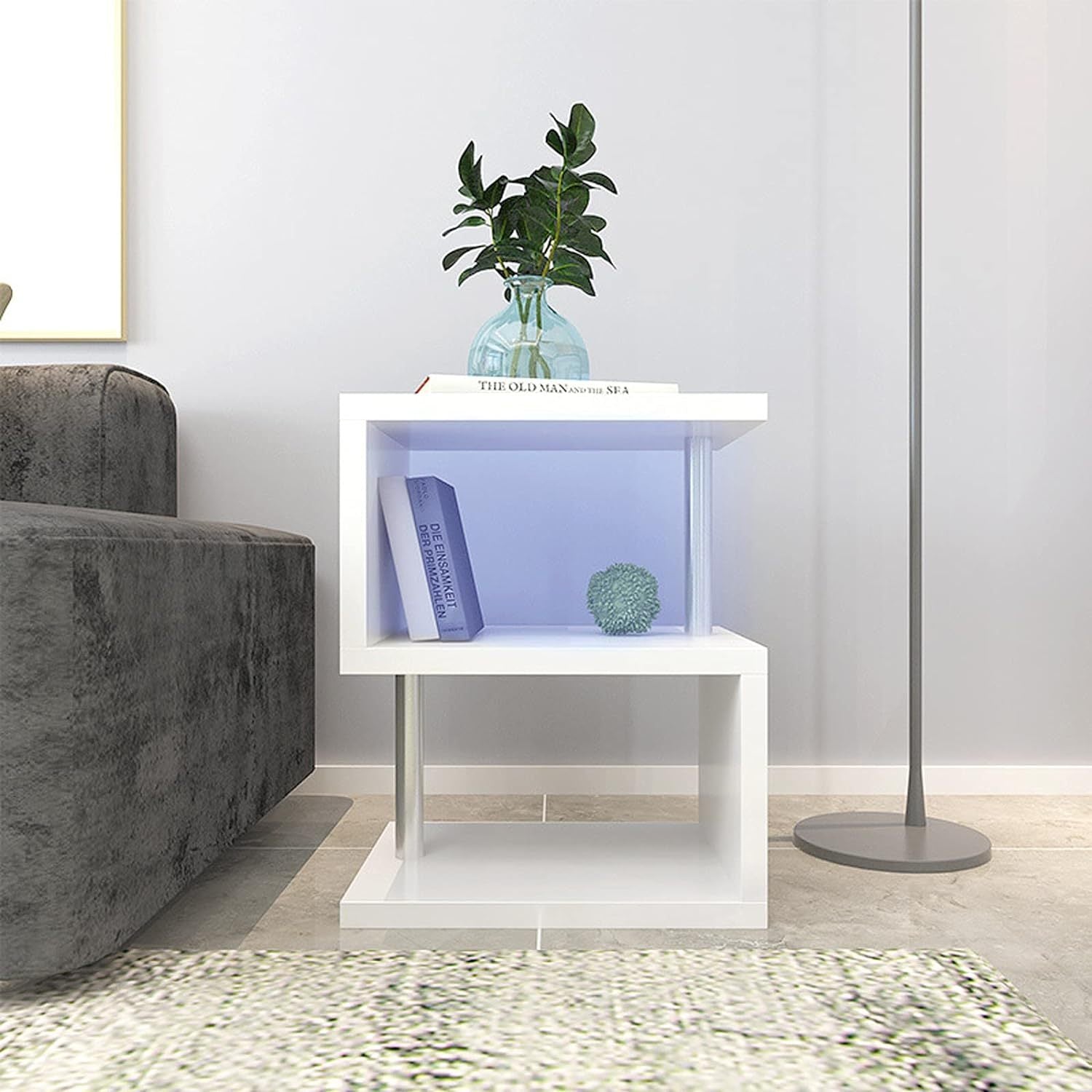 3 Tier S Shaped End Table,High Gloss Side Table With Open Storage Shelf And Usb Power Supply,White Led Coffee Table For Living Room,Bedroom. White Particle Board