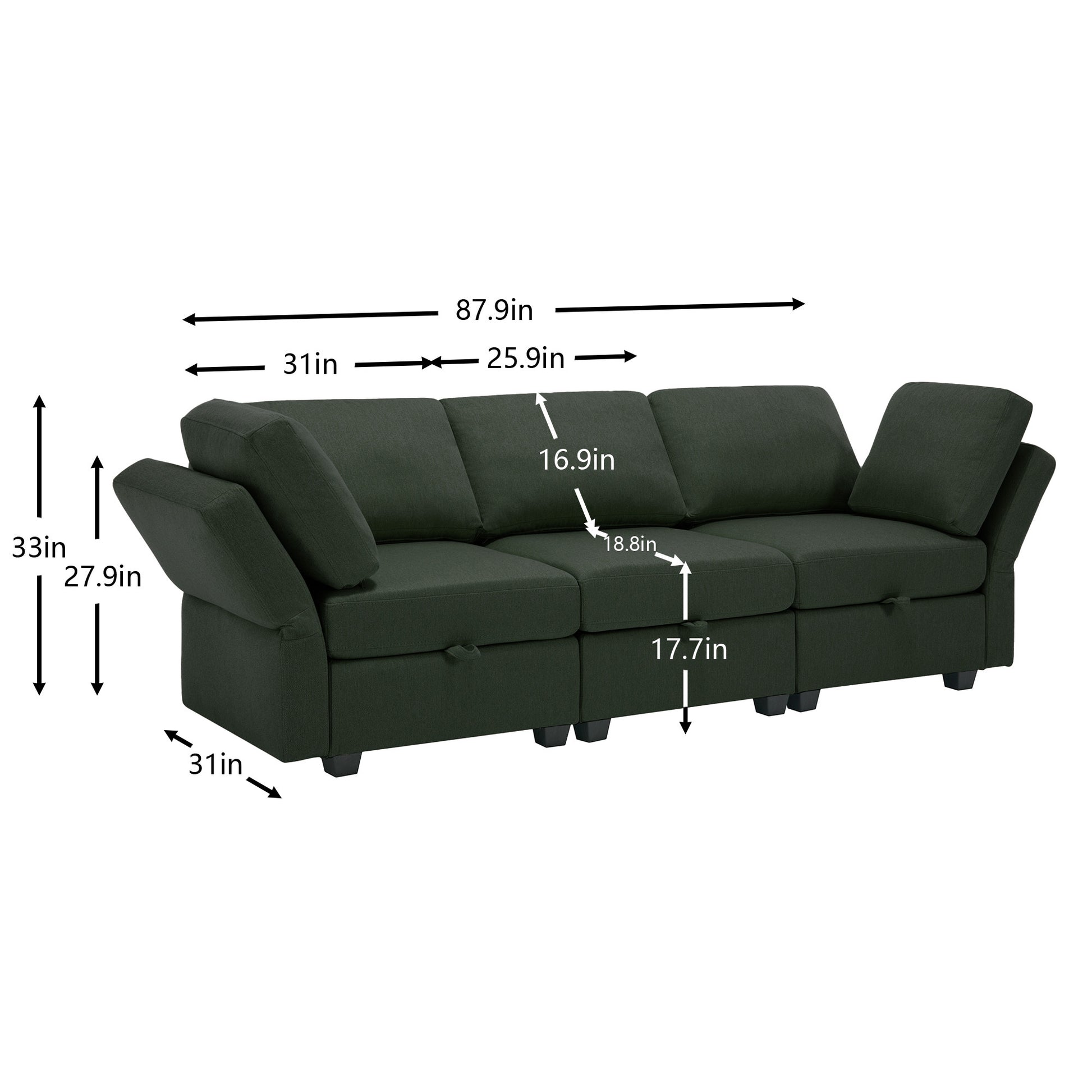 Oversized Modular Sectional Convertible Fabric Sofa Set,Extra Large Sectional Storage Seat Couch For Living Room, 3 Seat Modern Modular Sofa Green Green Polyester 3 Seat