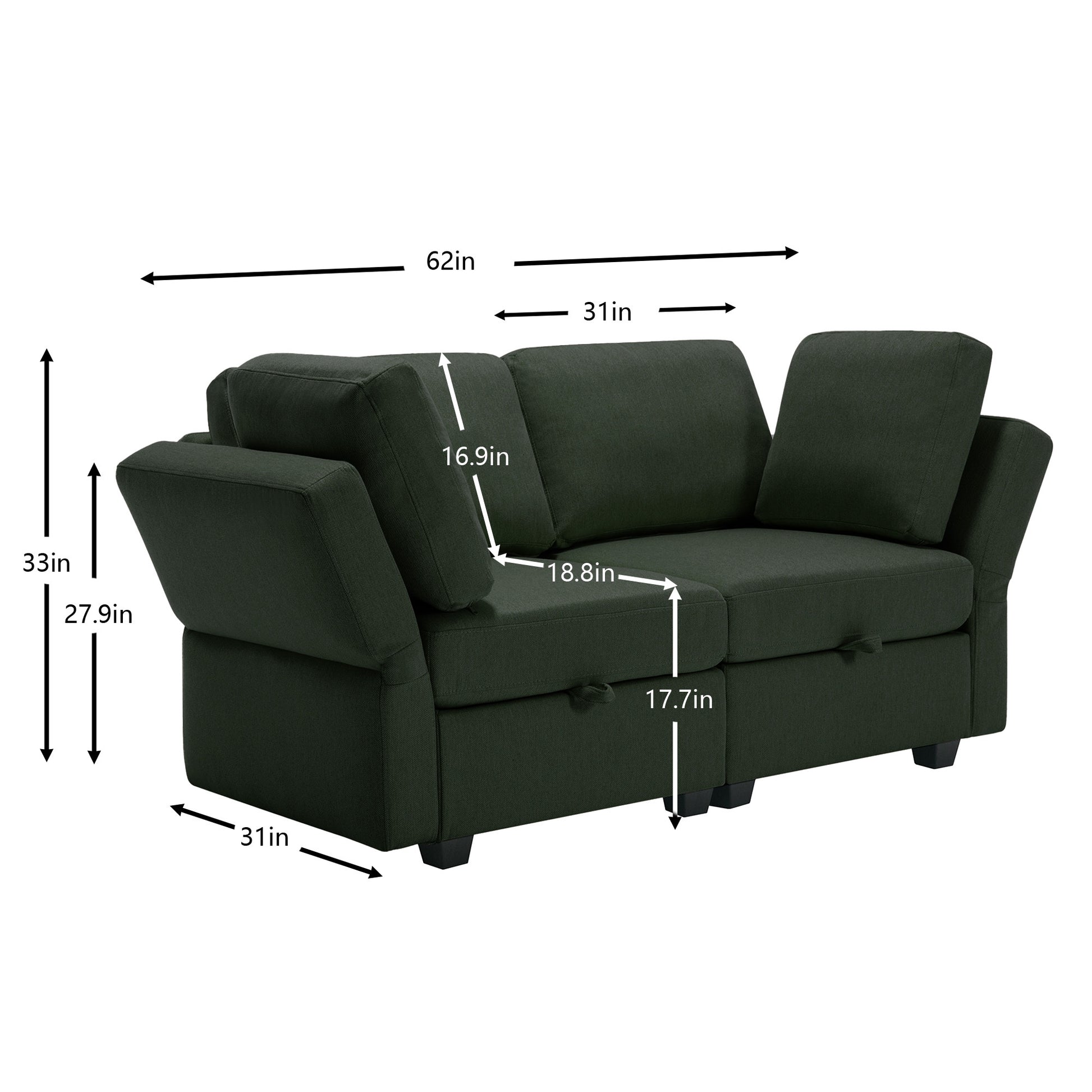 Contemporary Modern Chic Upholstered Fabric Sofa With Storage Seats And Storage Ottomans, 2 Seater Sofa Fabric Couch With Adjustable Arms And Backs For Living Room Green Green Polyester 2 Seat