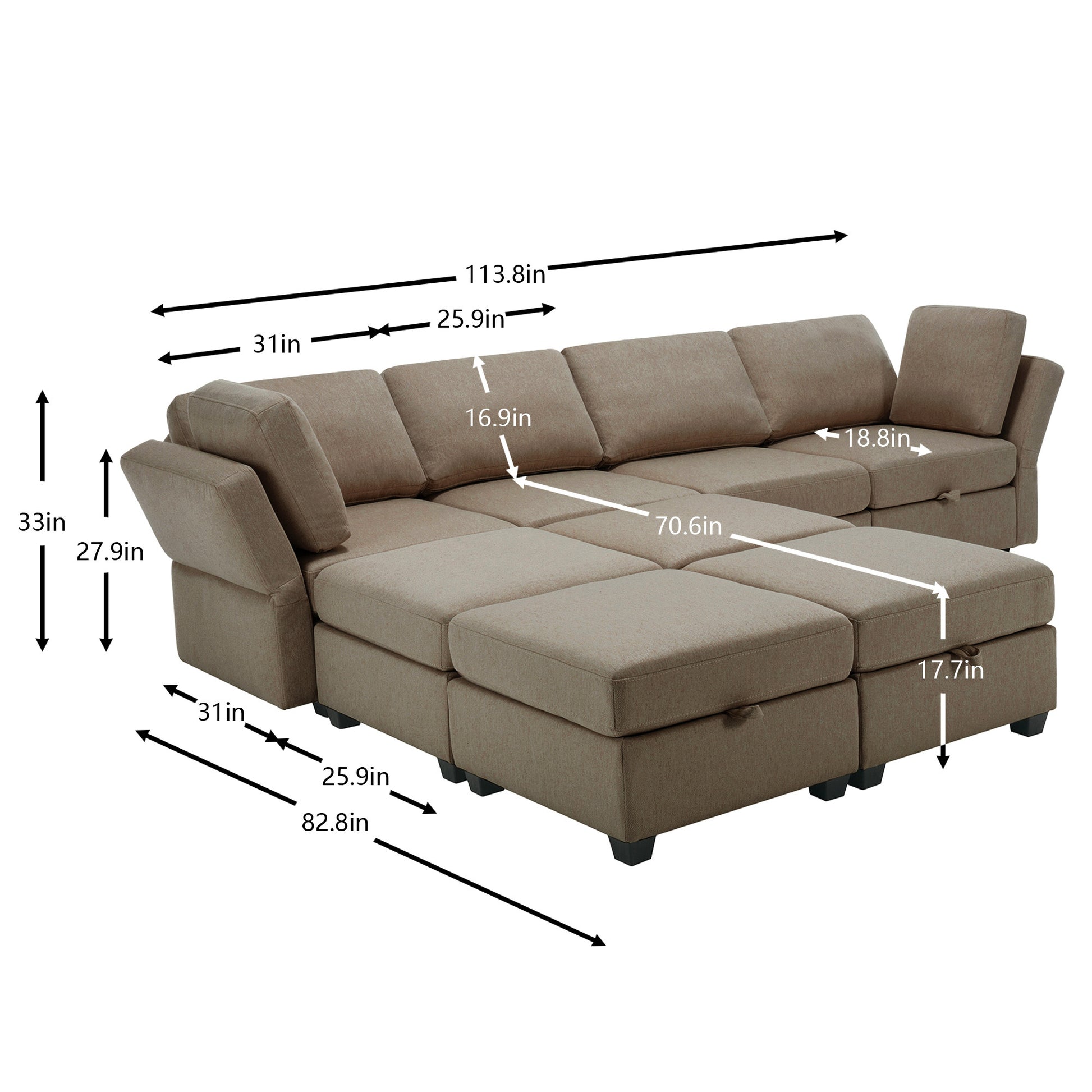Modular Convertible U Shaped Sectional Sofa Couch With Storage Ottoman Corner Couch For Living Room, Adjustable Arms And Backs Brown Brown Polyester 4 Seat