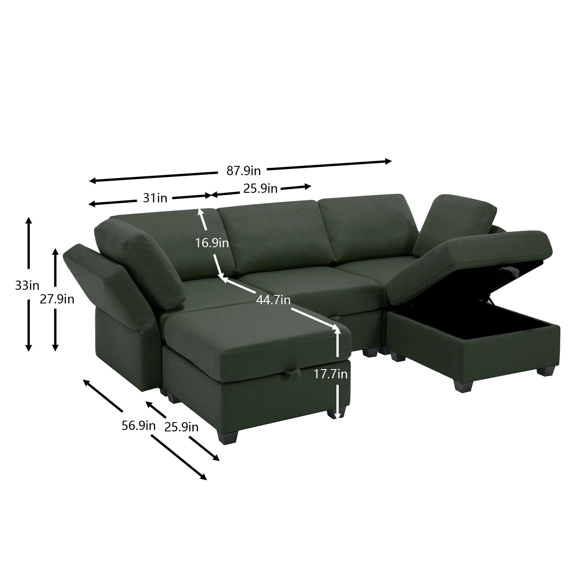 Reversible Sectional Sofa Modern Modular Sectional Couch With Chaise U Shaped Corner Sectional 5 Seater Modular Sofa With Storage Seats, Adjustable Arms And Backs Green Green Polyester 3 Seat
