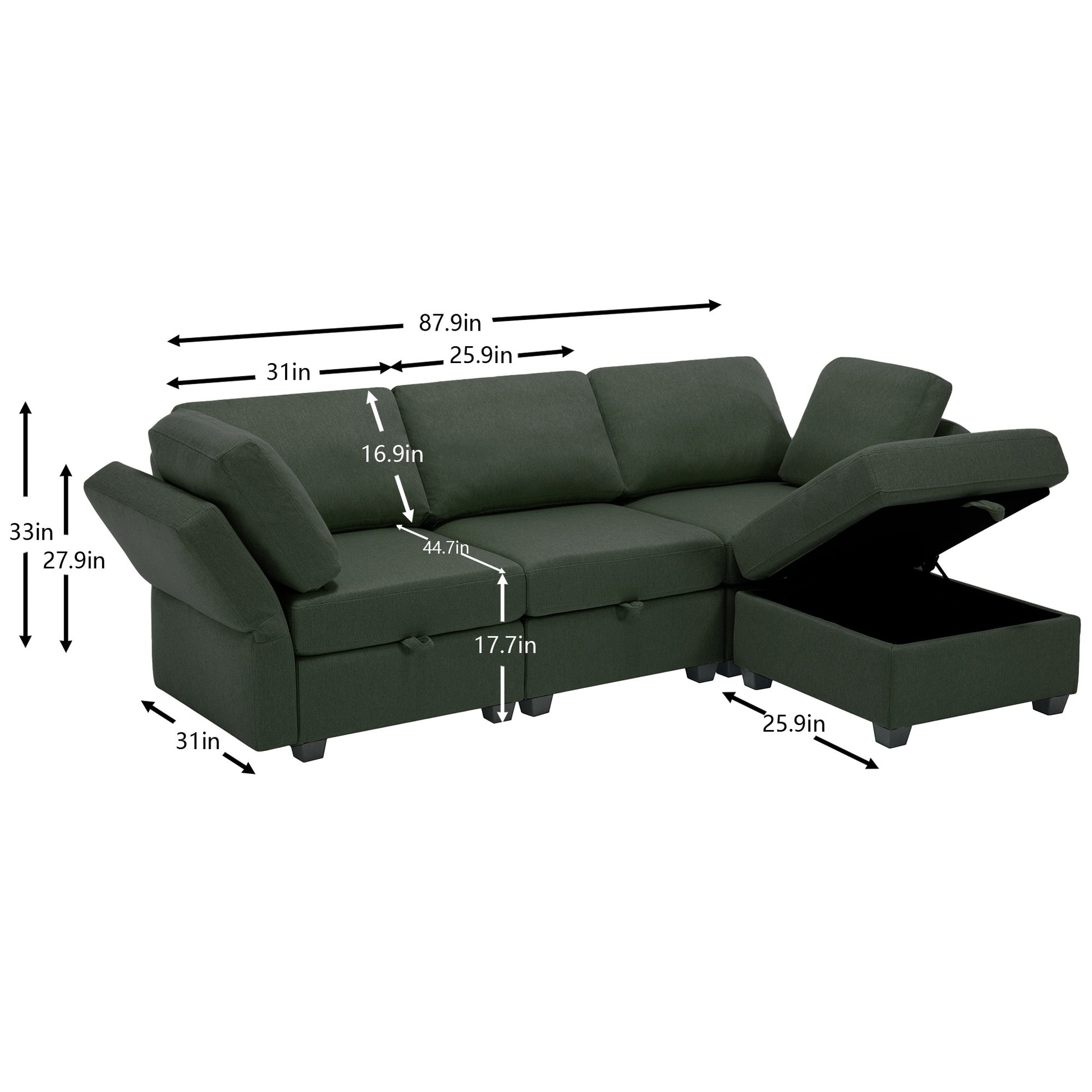 Convertible Sectional Sofa With Chaise, L Shaped Sofa Couch Modular Sectional Sofa With Storage Seats, Adjustable Arms And Backs Green Green Polyester 3 Seat