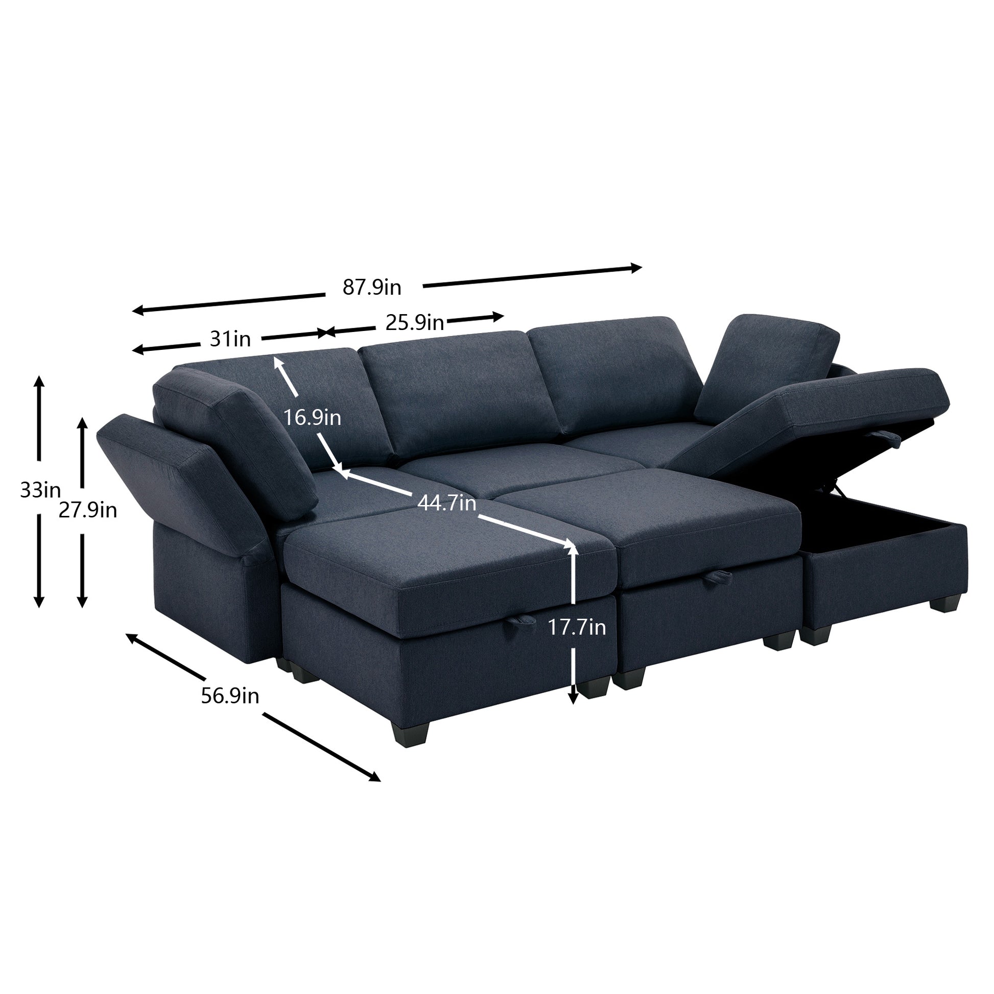 Modular Sectional Sofa Couch Bed With Storage 6 Seater, Sleeper Sofa Bed Couch With Reversible Chaise Ottomans, Adjustable Arms And Backs Blue Blue Polyester 3 Seat