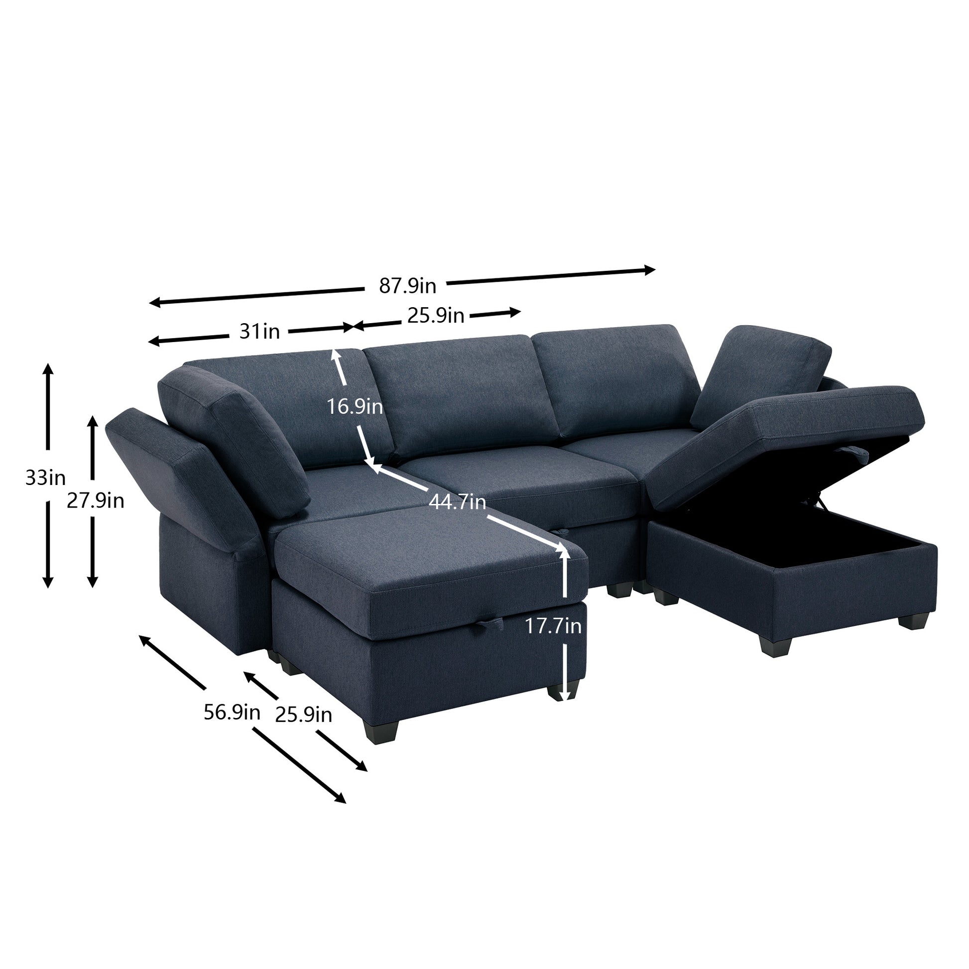 Reversible Sectional Sofa Modern Modular Sectional Couch With Chaise U Shaped Corner Sectional 5 Seater Modular Sofa With Storage Seats, Adjustable Arms And Backs Blue Blue Polyester 3 Seat