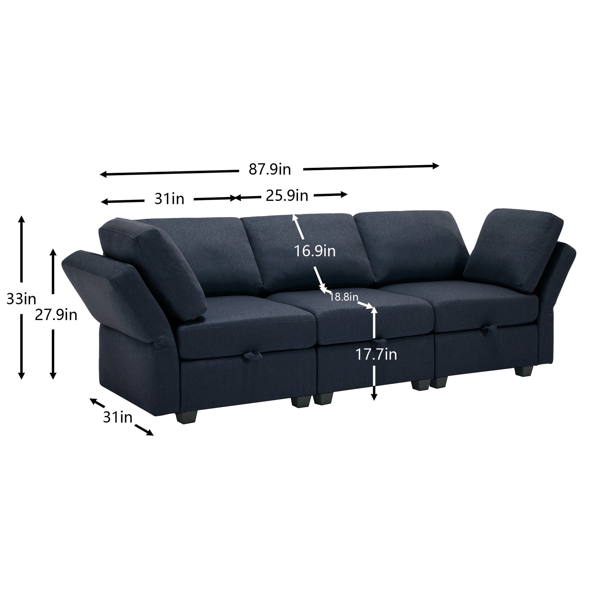 Oversized Modular Sectional Convertible Fabric Sofa Set,Extra Large Sectional Storage Seat Couch For Living Room, 3 Seat Modern Modular Sofa Blue Blue Polyester 3 Seat