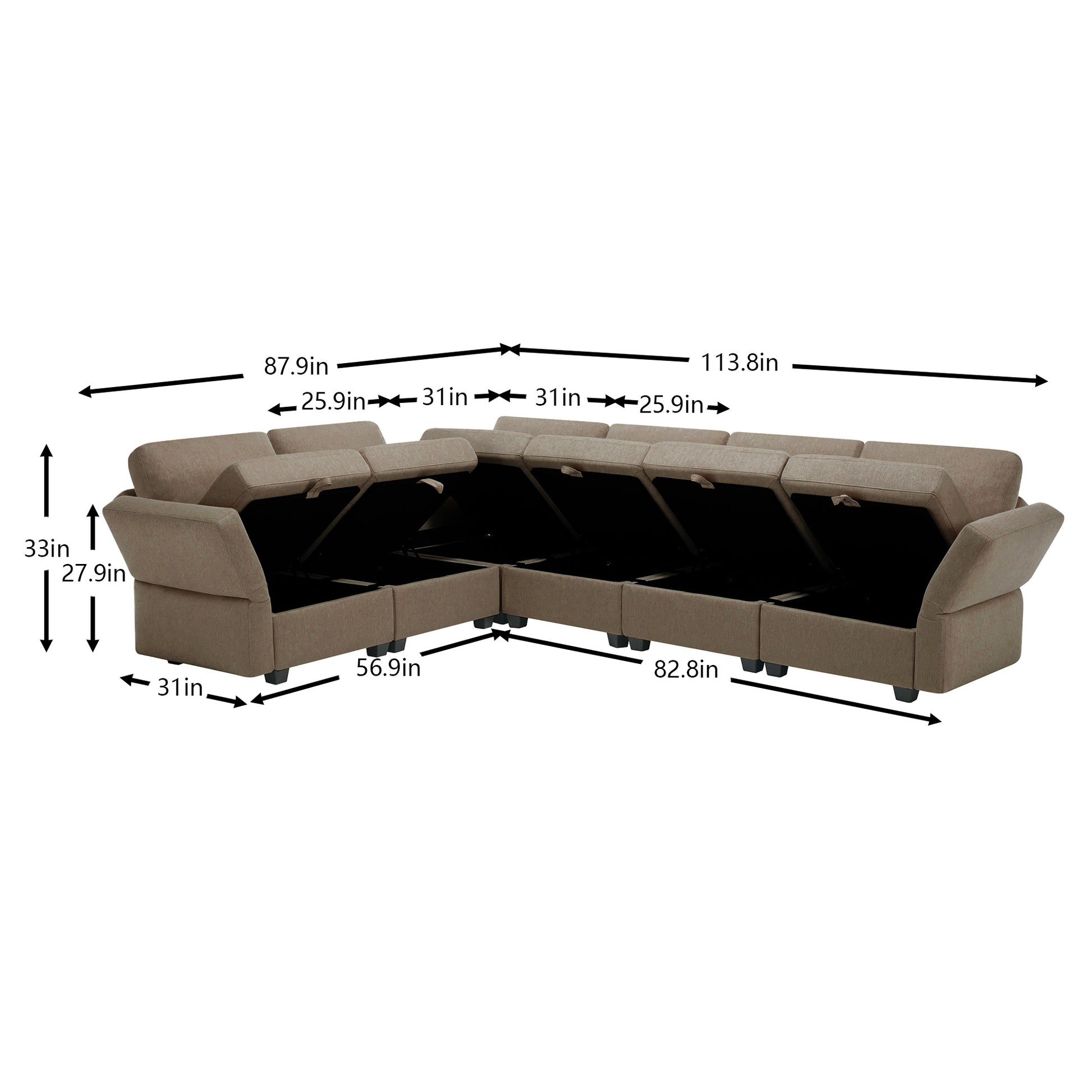 L Shaped Modular Sectional Corner Sofa Couch, 6 Seat Modular Sectional Sofa With Chaise For Living Room, Adjustable Arms And Backs Brown Brown Polyester 6 Seat
