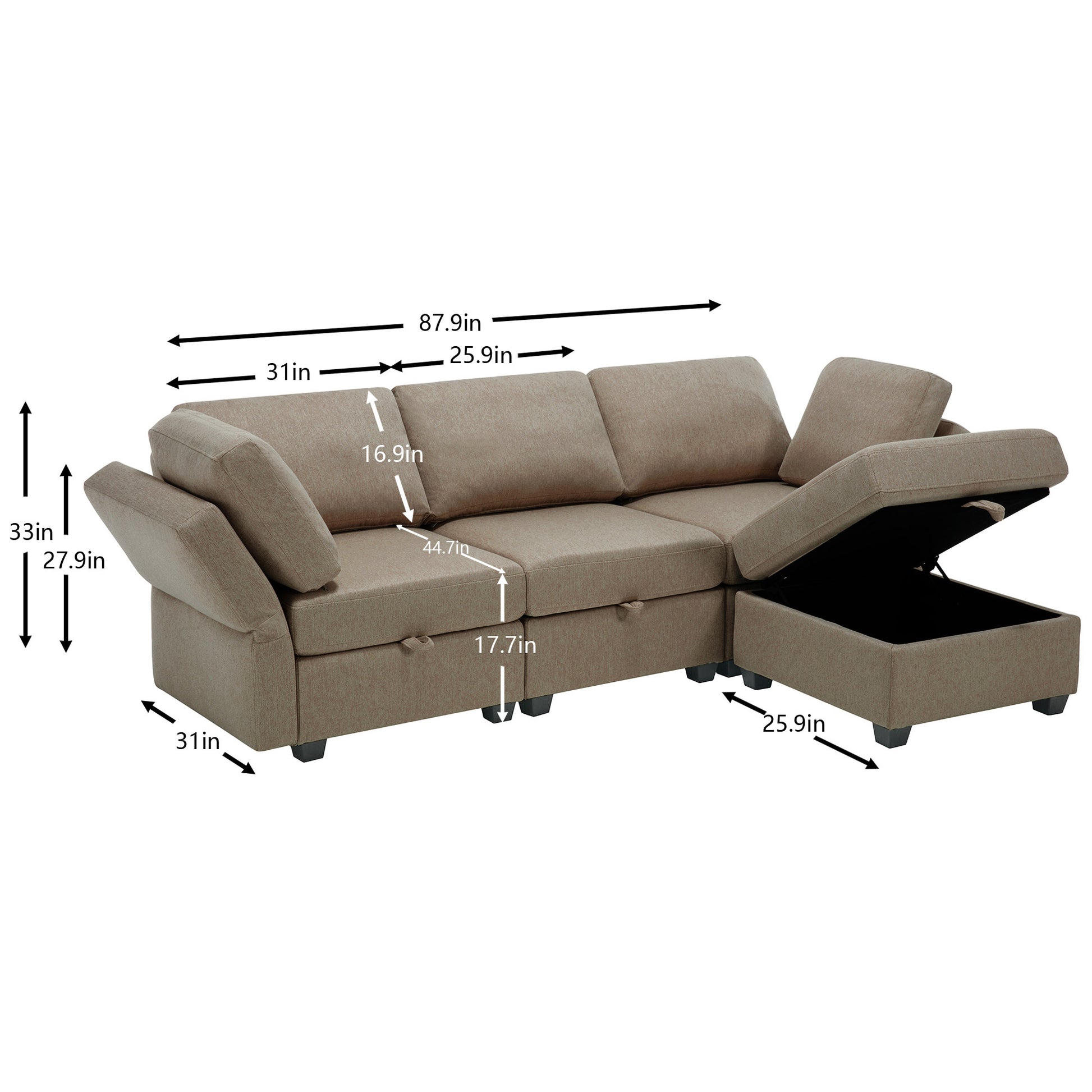 Convertible Sectional Sofa With Chaise, L Shaped Sofa Couch Modular Sectional Sofa With Storage Seats, Adjustable Arms And Backs Brown Brown Polyester 3 Seat