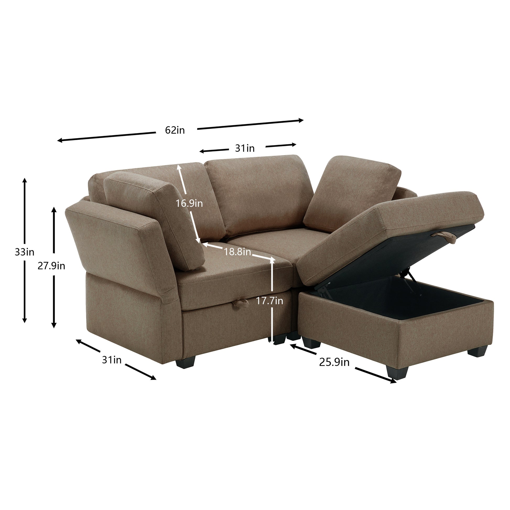 Space Saving Small Sectional Sofa With Ottoman, 2 Seater Sofa With 1 Ottoman, All Seats And Ottomans With Storage Function Brown Brown Polyester 2 Seat