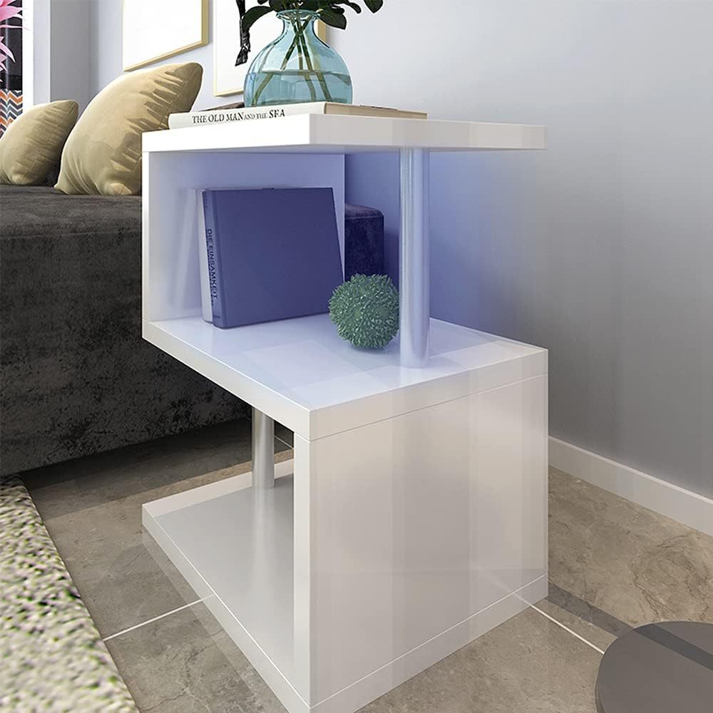 3 Tier S Shaped End Table,High Gloss Side Table With Open Storage Shelf And Usb Power Supply,White Led Coffee Table For Living Room,Bedroom. White Particle Board