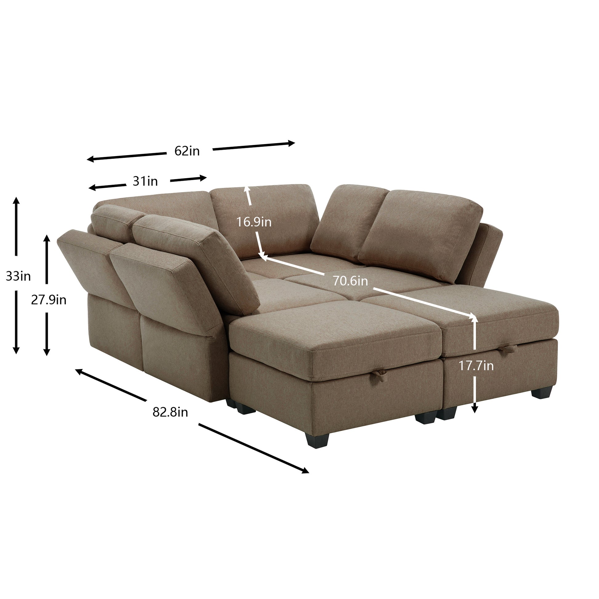 Oversized Modern 6 Seat Upholstered Sofa, Large Sectional Sofa With Storage Seats And Ottomanssofa Bed With Thick And Soft Cushions At All Sidesadjustable Arms And Backs Brown Brown Polyester 4 Seat