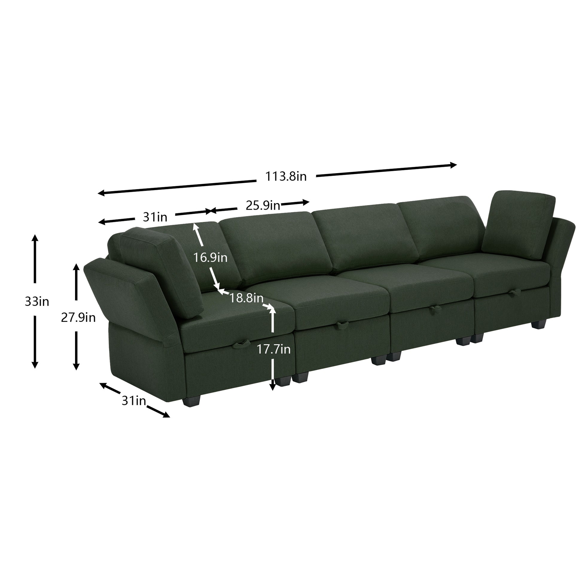 Fabric Modern Modular Sofa Couch With Storage Seats Modular Sectional Sofa 4 Seater Modular Couch For Living Room Green Green Polyester 4 Seat