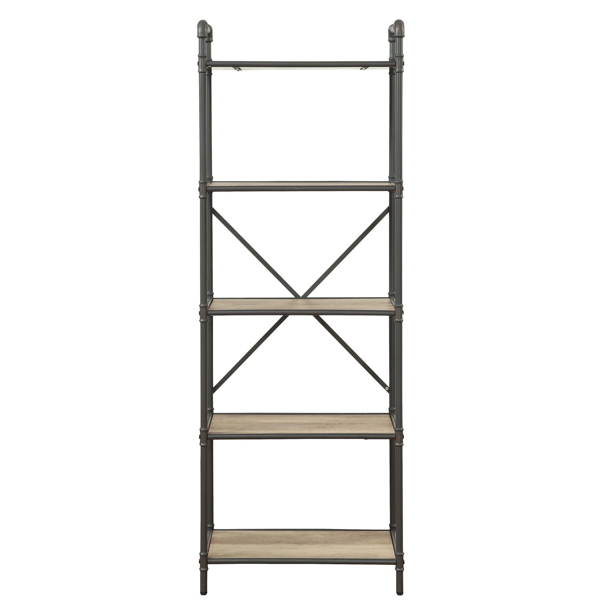 Antique Oak And Sandy Grey 5 Tier Bookcase 5 Natural Grey Open Back Oak Wood Metal